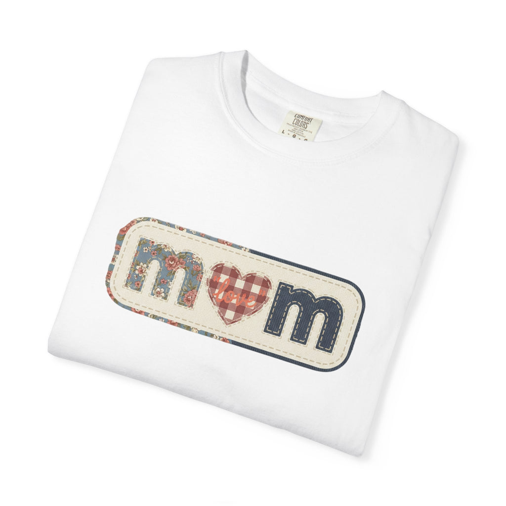 Mom  Faux Patch T-Shirt —Faux Plaid Heart Vintage Mom Tee