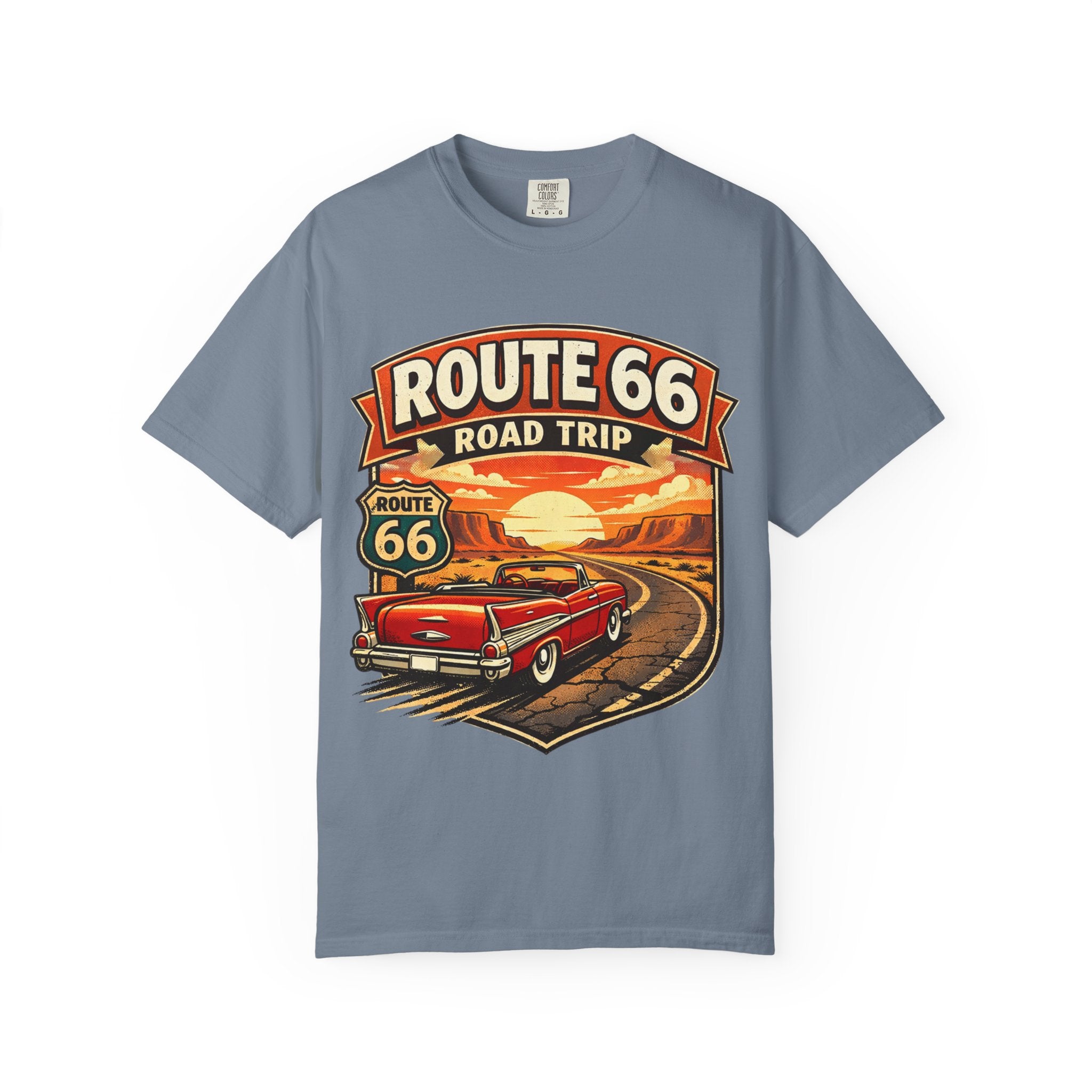 Route 66 Road Trip T-Shirt — Vintage Sunset Classic Car Tee