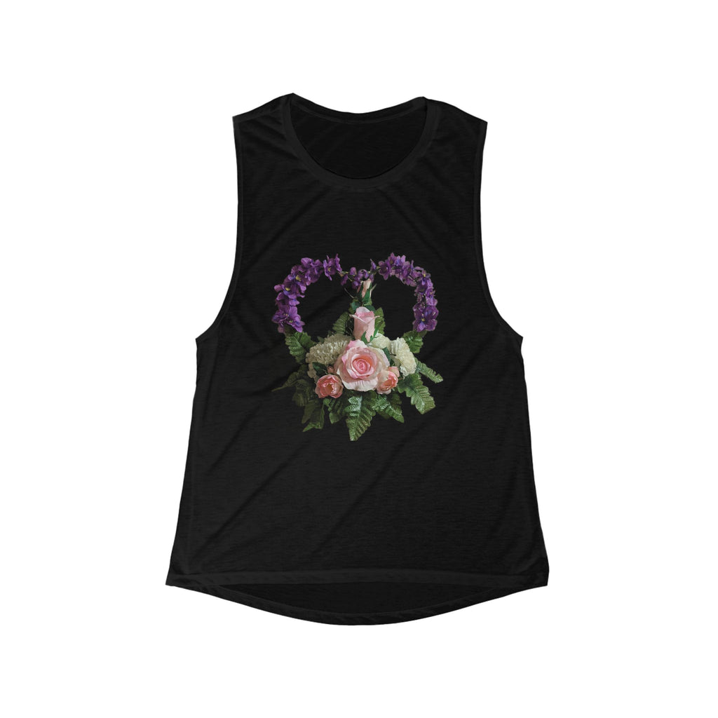 Floral Heart Muscle Tank — Women’s Flowing Scoop Neck Tank Top with Rose Bouquet