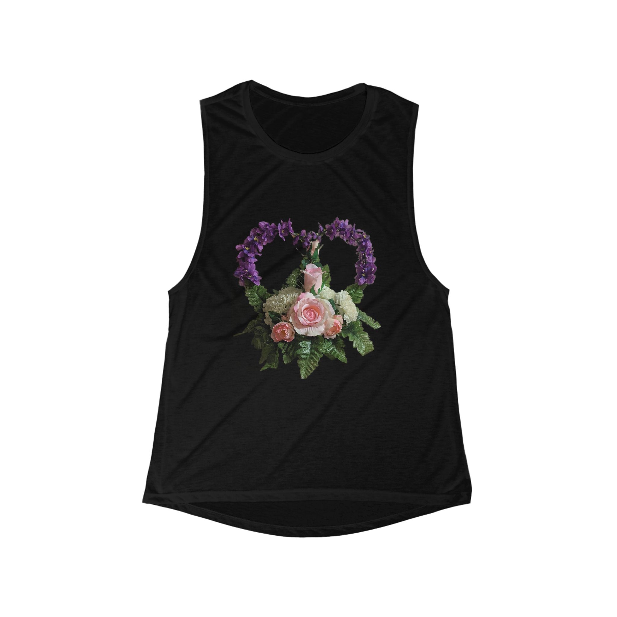 Floral Heart Muscle Tank — Women’s Flowing Scoop Neck Tank Top with Rose Bouquet