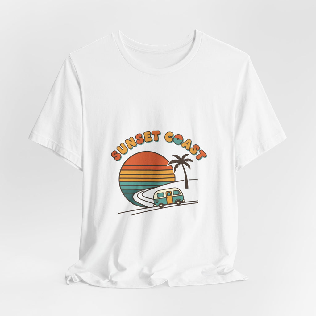 Sunset Coast Retro Surf Graphic Tee | 70s Sunset Shirt, Vintage Palm Postcard
