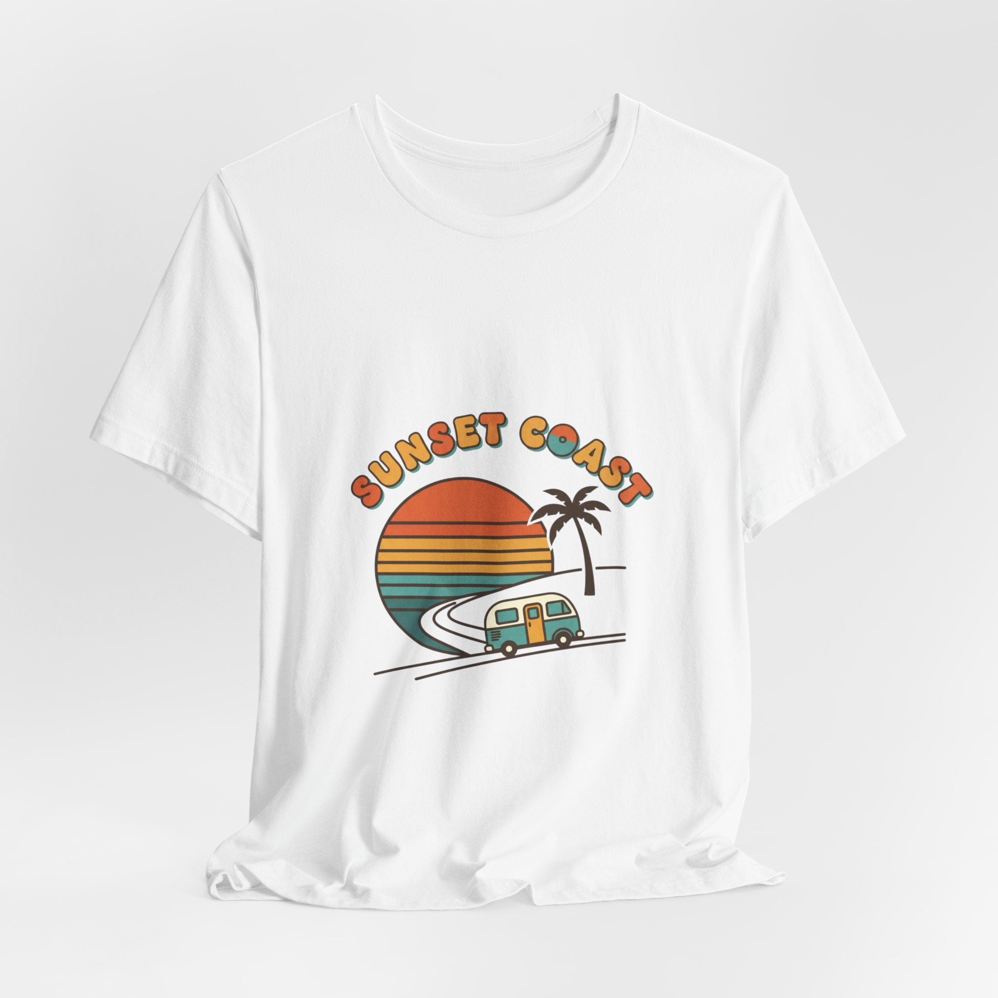 Sunset Coast Retro Surf Graphic Tee | 70s Sunset Shirt, Vintage Palm Postcard