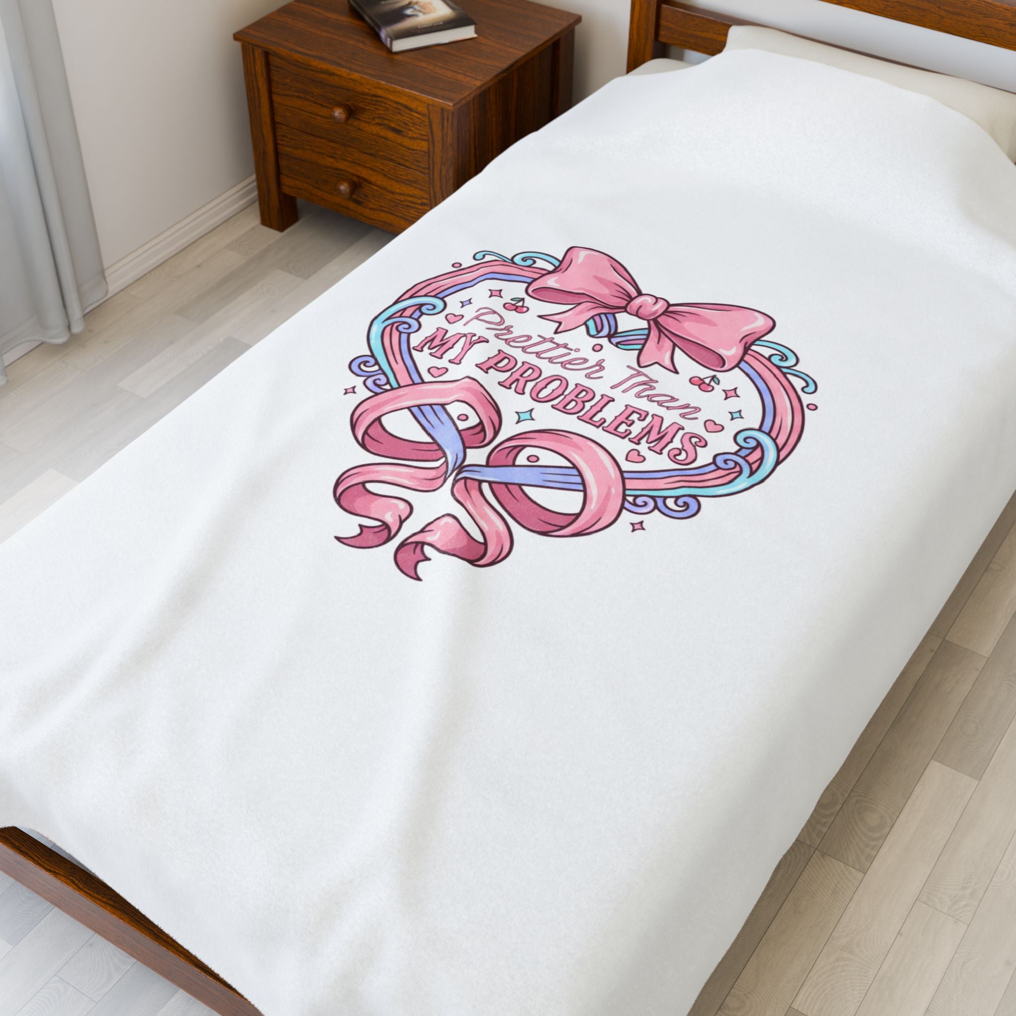 Prettier Than My Problems Velveteen Blanket | coquette ribbon art, pastel humor
