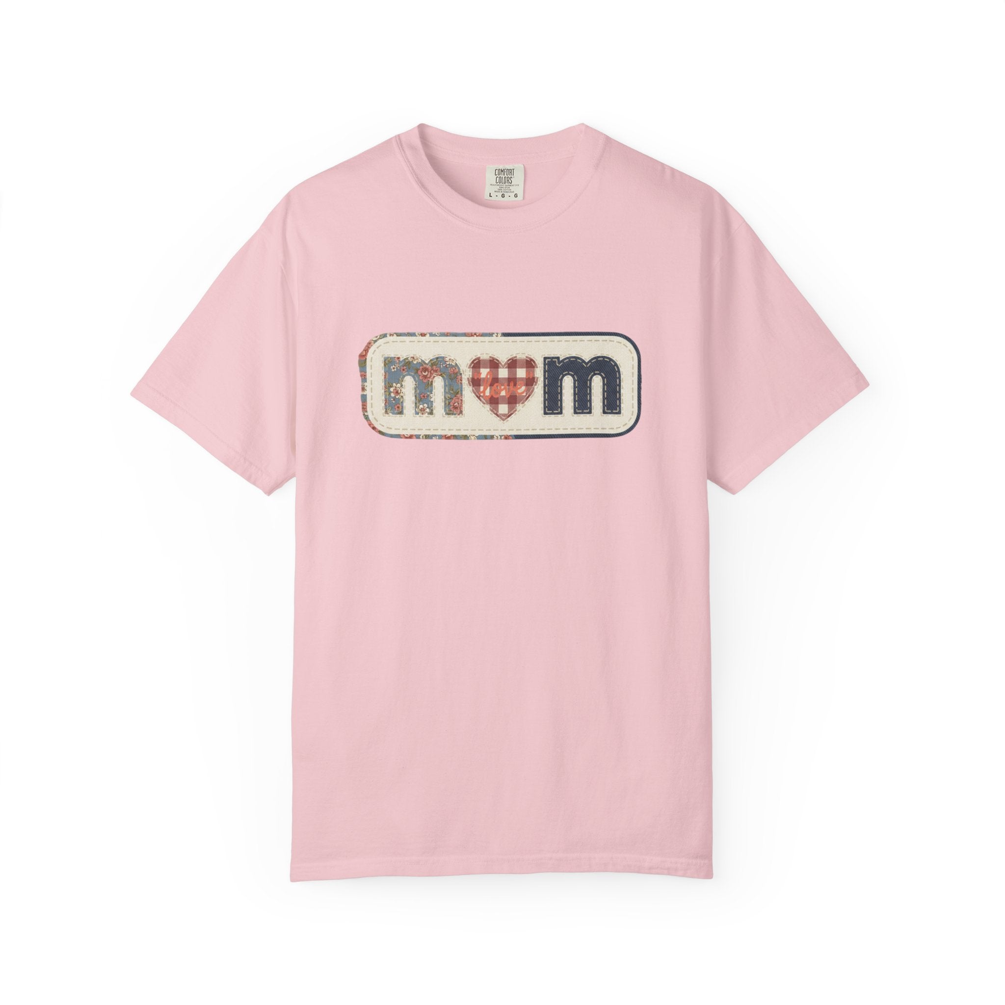 Mom  Faux Patch T-Shirt —Faux Plaid Heart Vintage Mom Tee