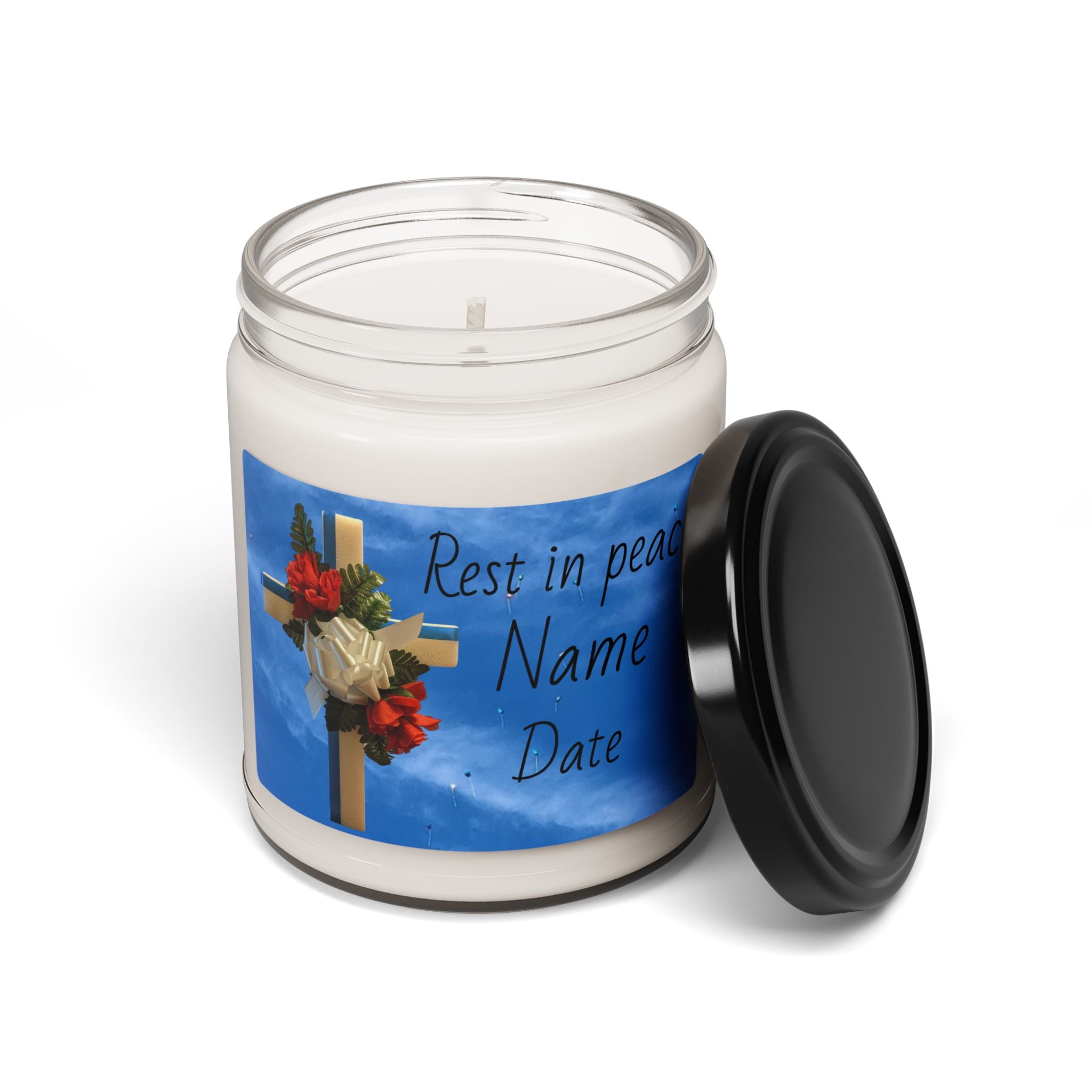 Memorial Soy Candle — Cross with Roses "Rest in Peace" (Personalize Name & Date)