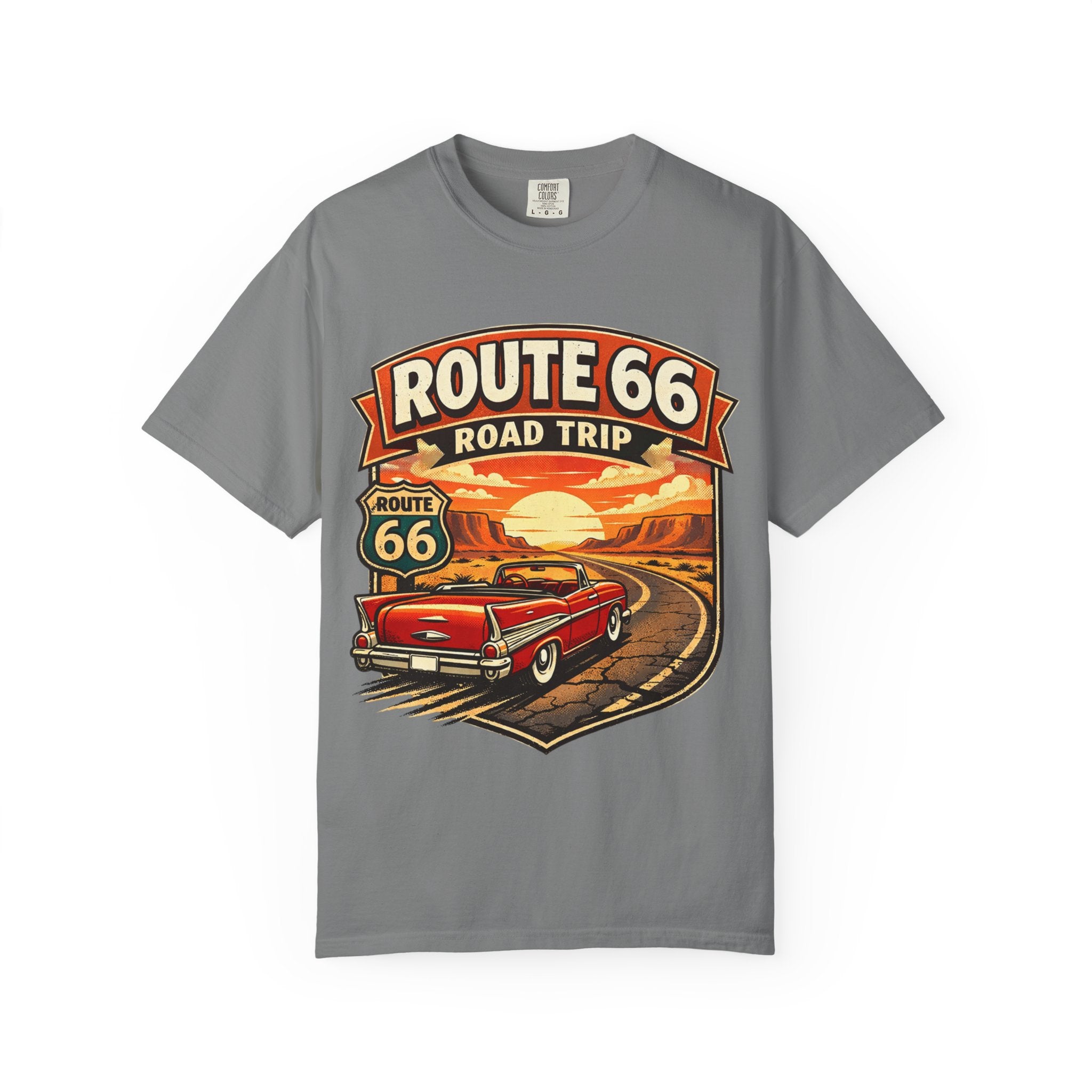 Route 66 Road Trip T-Shirt — Vintage Sunset Classic Car Tee