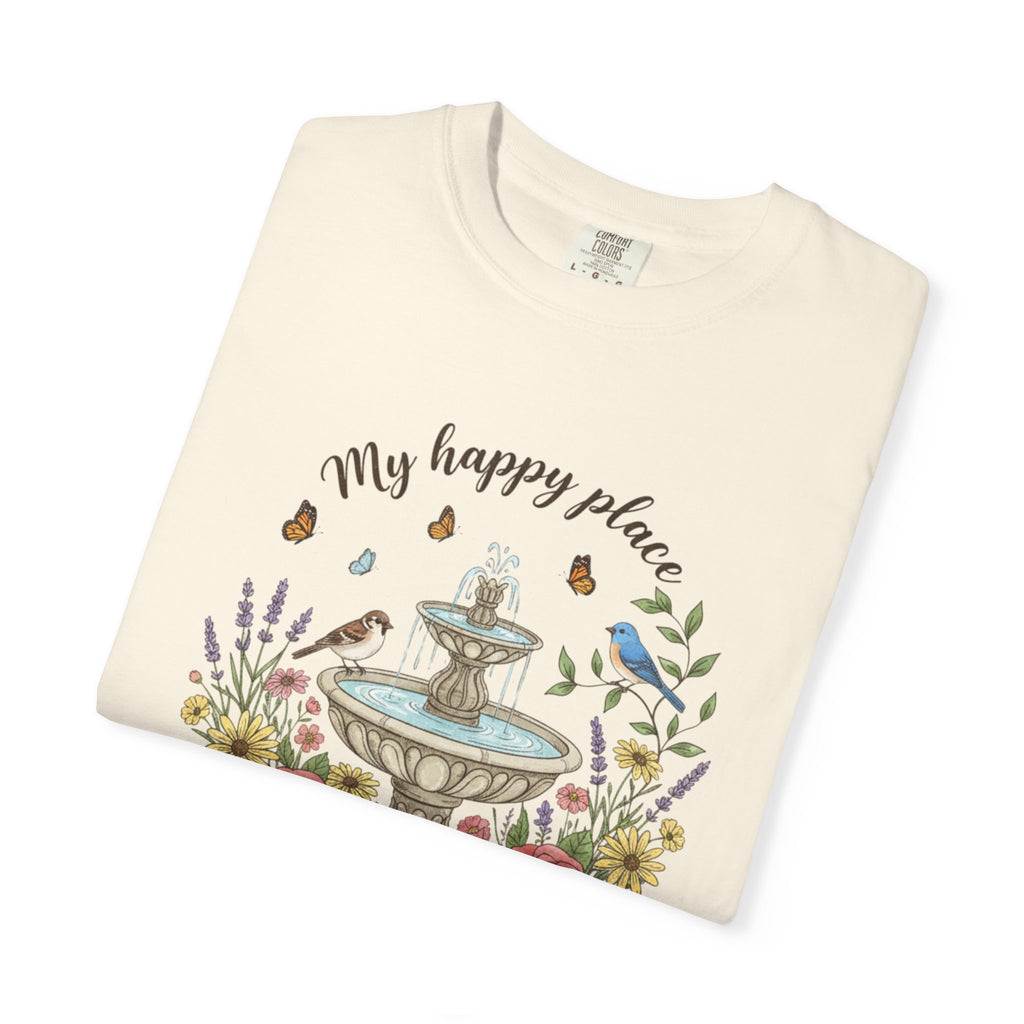 Garden T-Shirt — “My Happy Place My Garden” Floral Fountain Tee