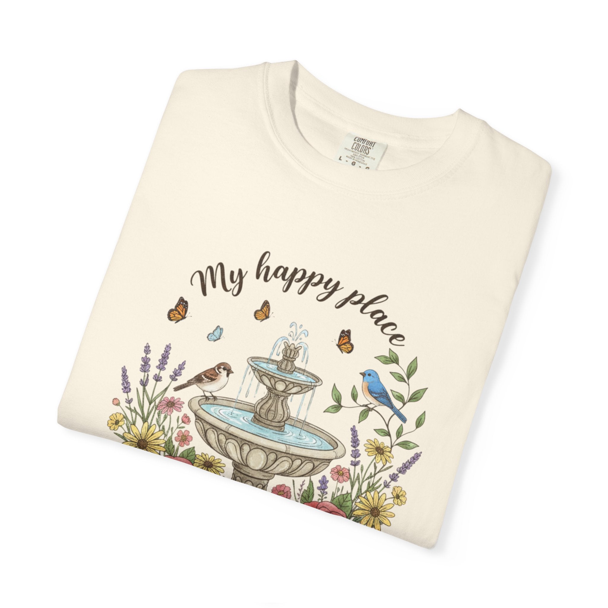 Garden T-Shirt — “My Happy Place My Garden” Floral Fountain Tee