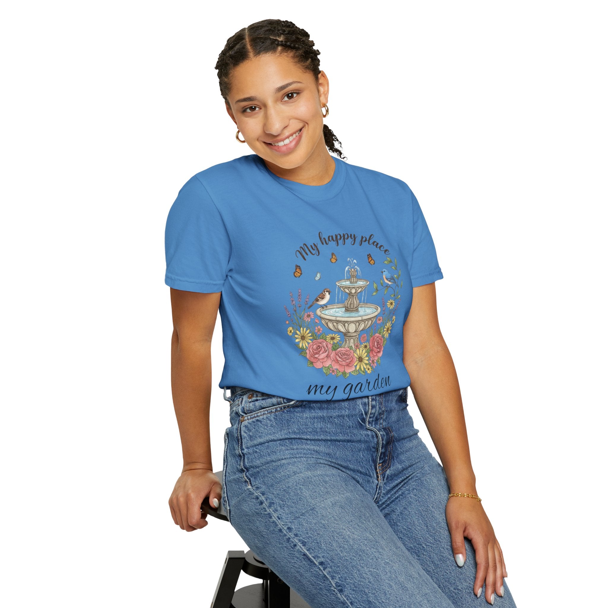 Garden T-Shirt — “My Happy Place My Garden” Floral Fountain Tee