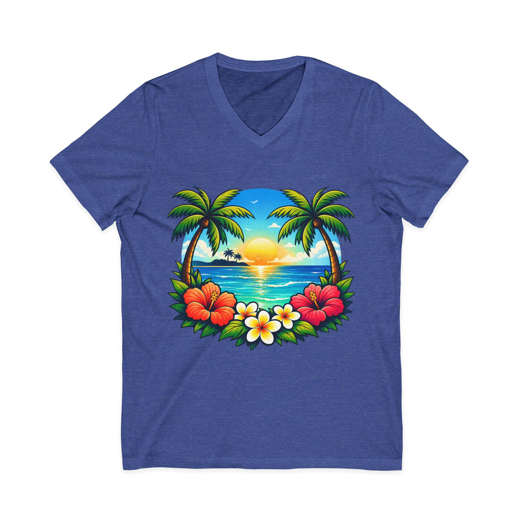 Tropical Sunset V-Neck Tee — Hawaiian Palm & Hibiscus Beach Shirt