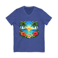 Tropical Sunset V-Neck Tee — Hawaiian Palm & Hibiscus Beach Shirt