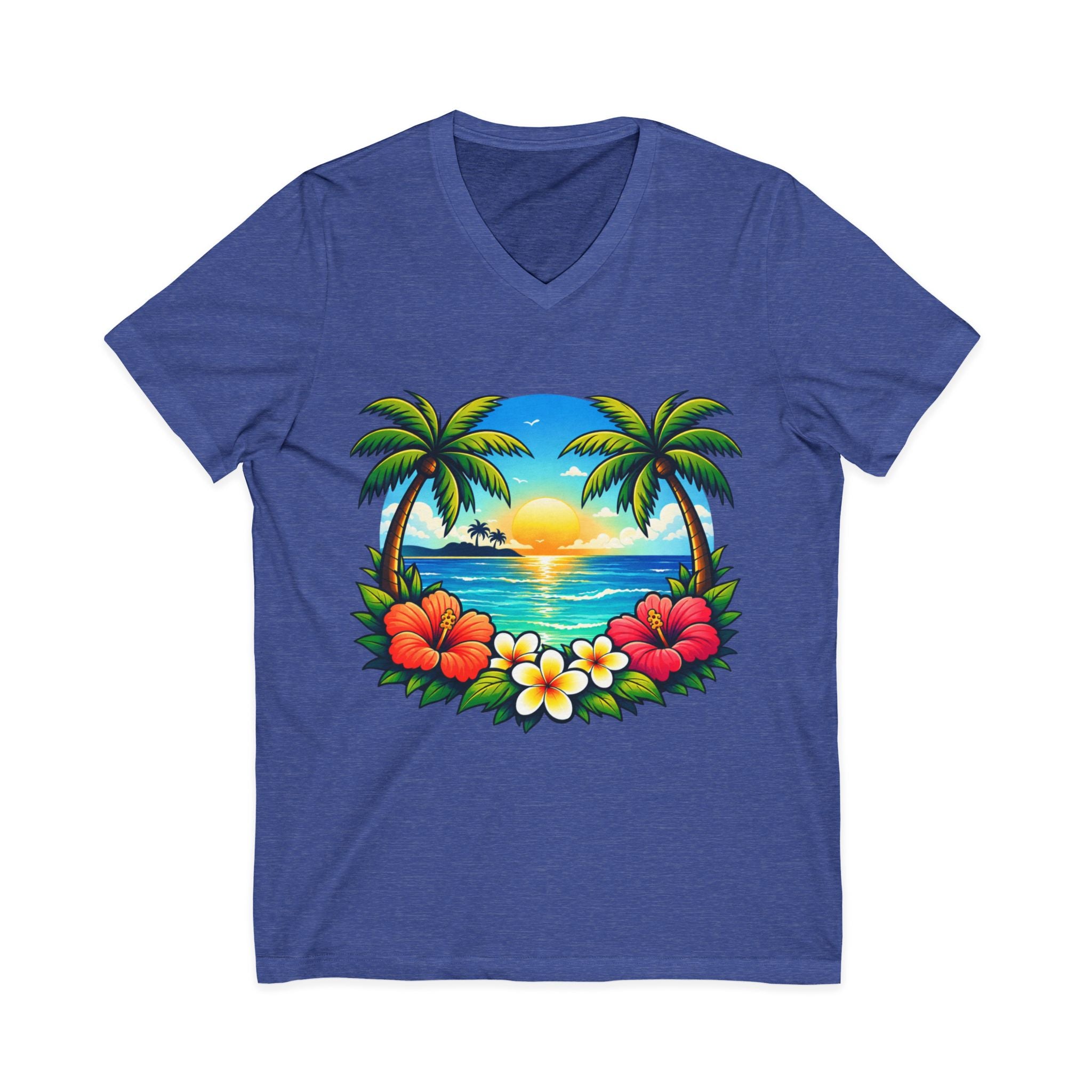 Tropical Sunset V-Neck Tee — Hawaiian Palm & Hibiscus Beach Shirt