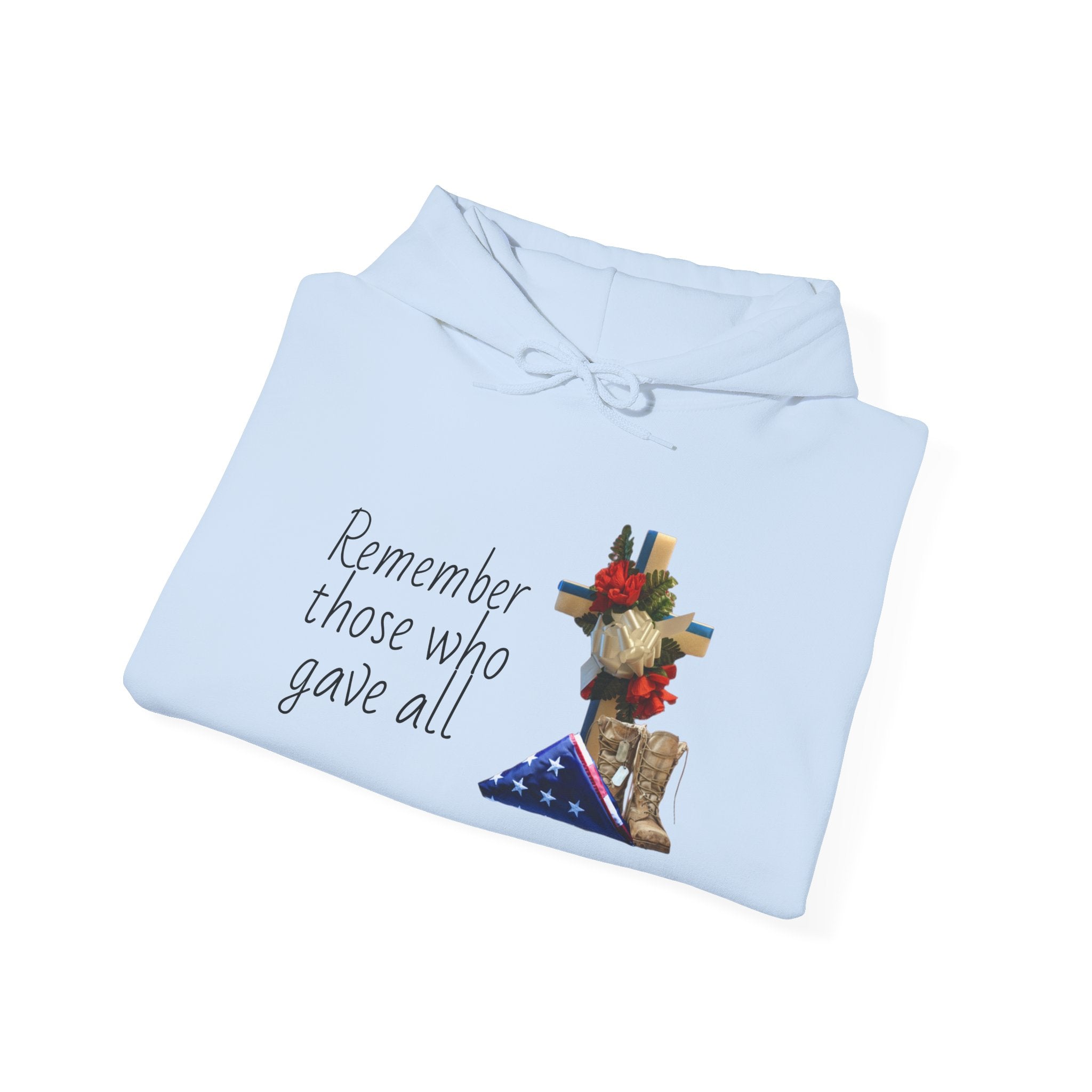 Patriotic Fallen Soldier Hoodie — Folded Flag, Combat Boots & Cross with Red Roses