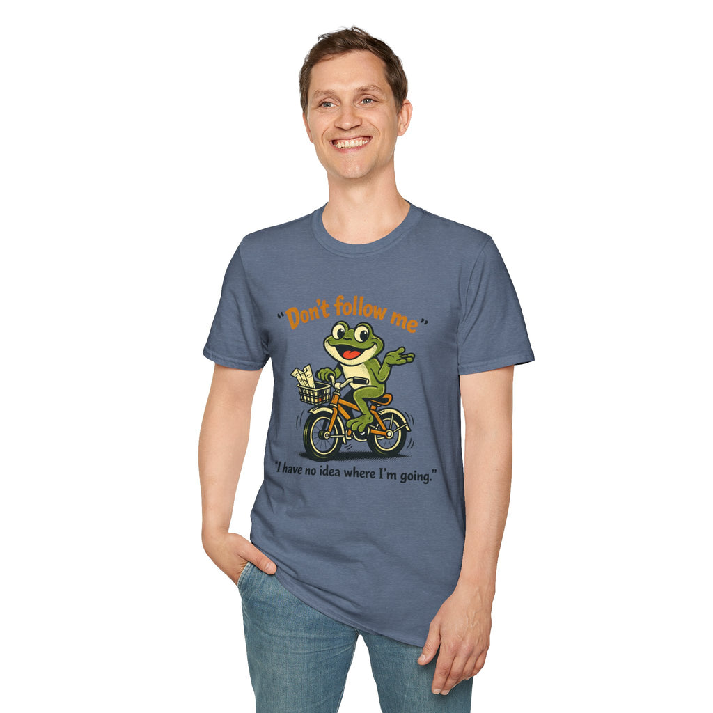 Frog on Bike T-Shirt — “Don't follow me, I have no idea where I'm going” Graphic Tee
