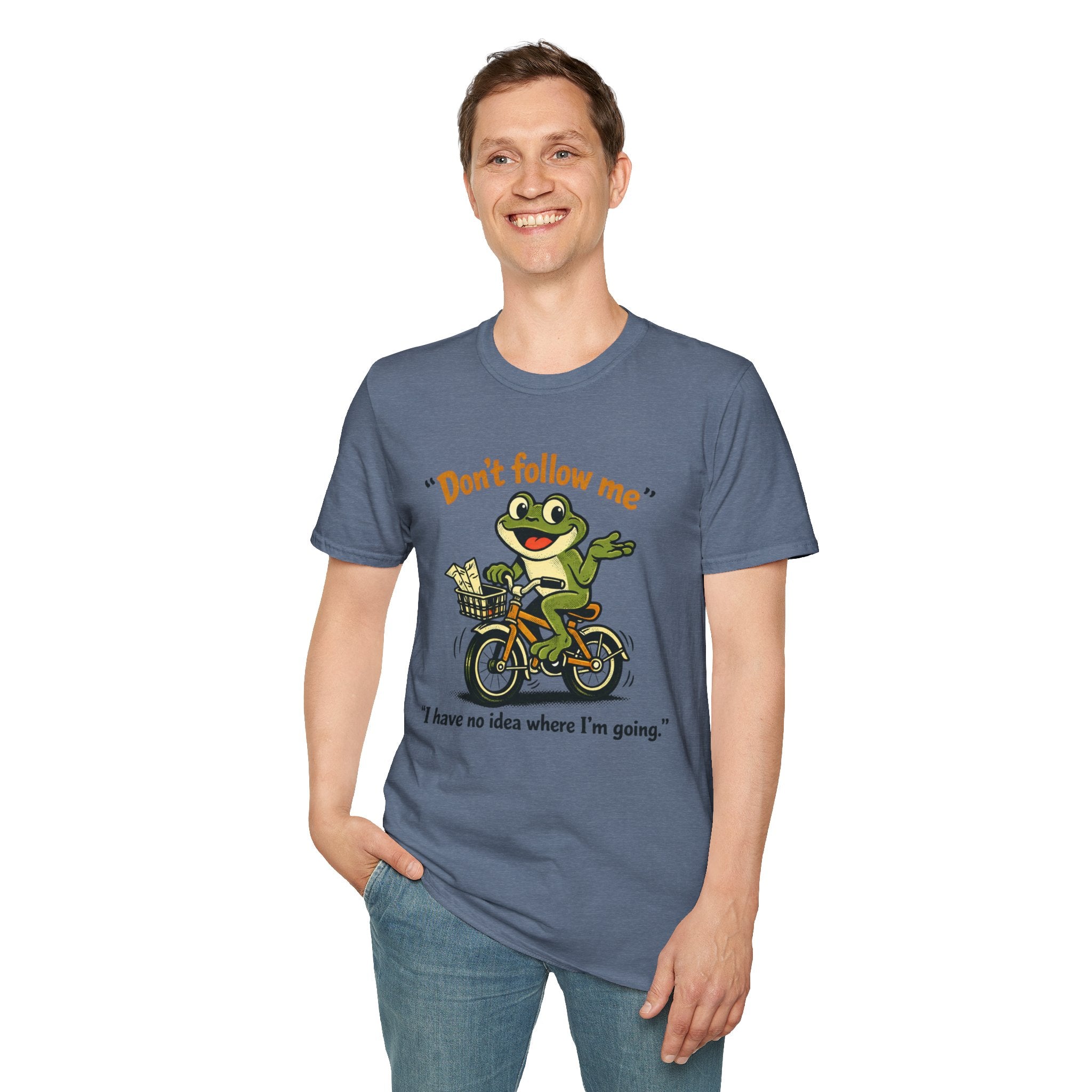 Frog on Bike T-Shirt — “Don't follow me, I have no idea where I'm going” Graphic Tee