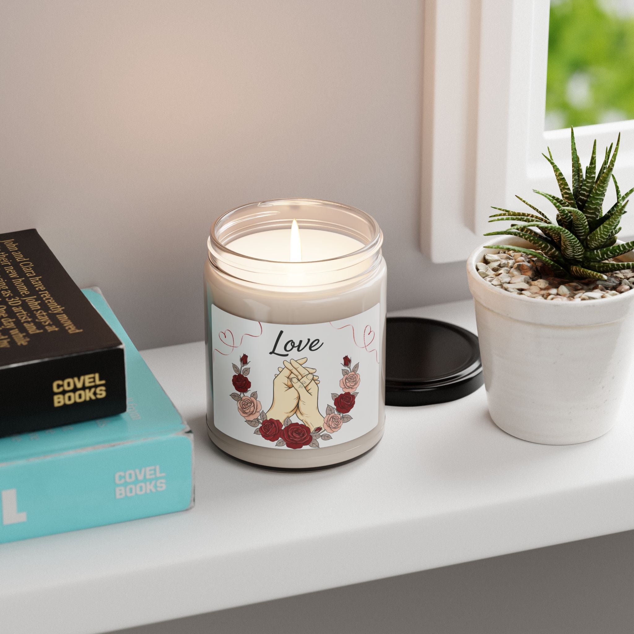 Love Hands Soy Candle — 9oz Scented Jar Candle with Rose Wreath (Romantic Gift)