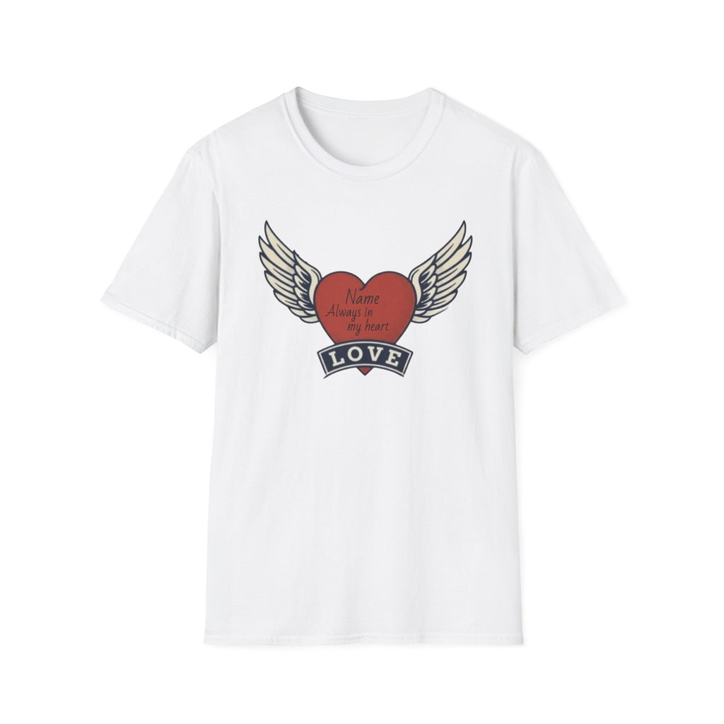 Memorial Heart Wings T-Shirt — Personalized 'Love, Remember' with Name & Date