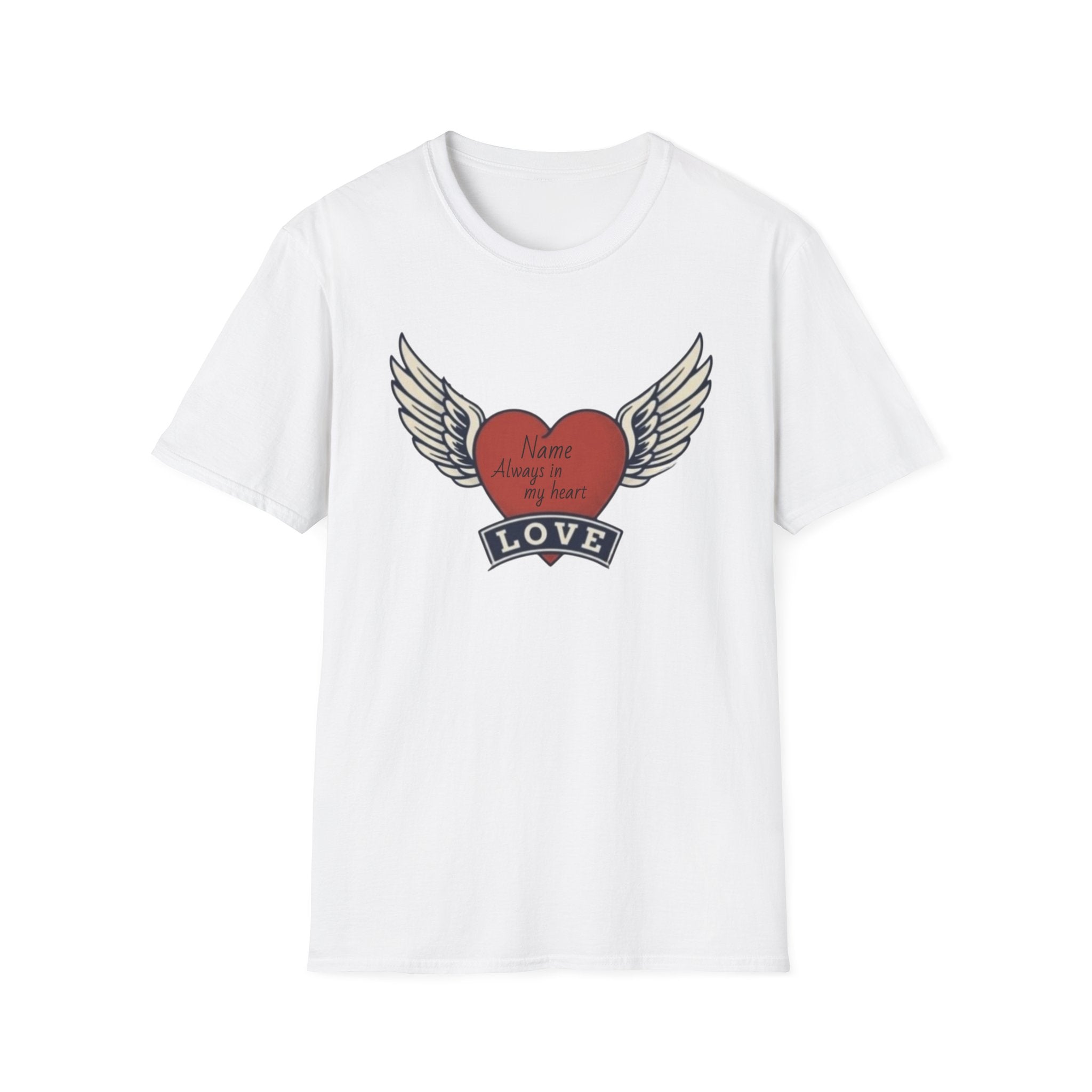 Memorial Heart Wings T-Shirt — Personalized 'Love, Remember' with Name & Date
