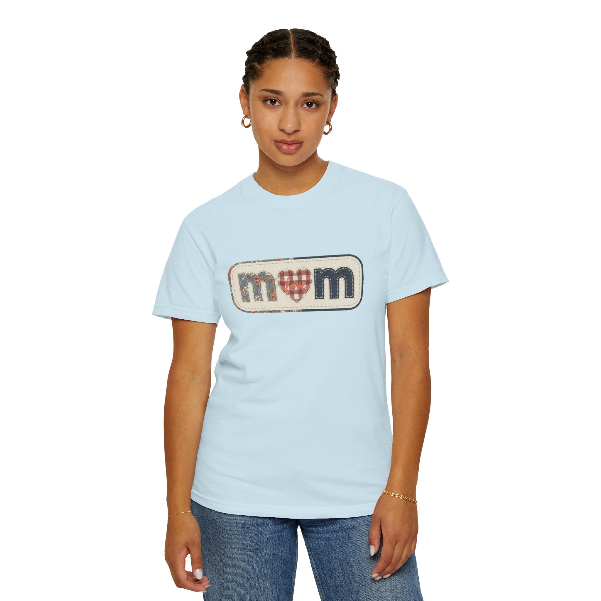 Mom  Faux Patch T-Shirt —Faux Plaid Heart Vintage Mom Tee