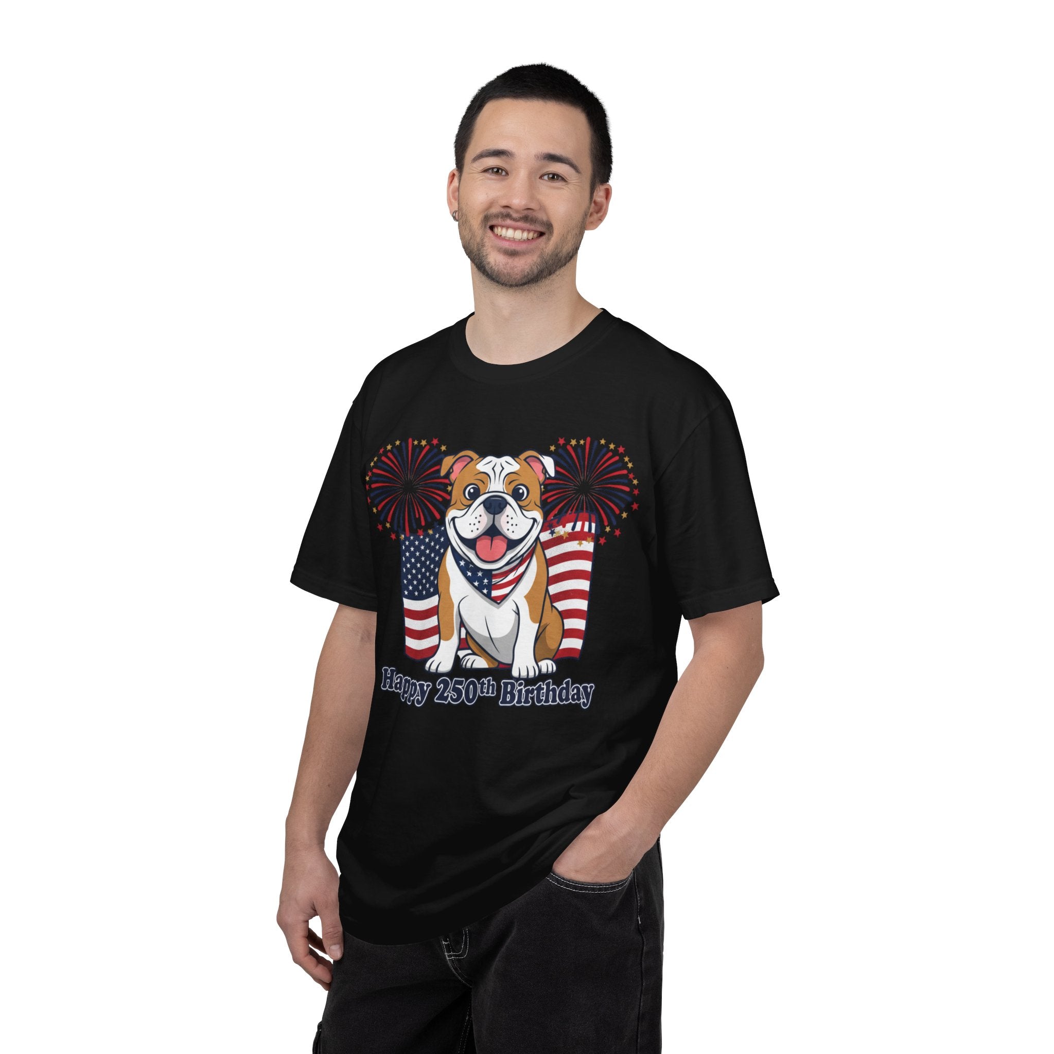 Patriotic Bulldog T-Shirt — “Happy 250th Birthday” American Flag Fireworks Tee