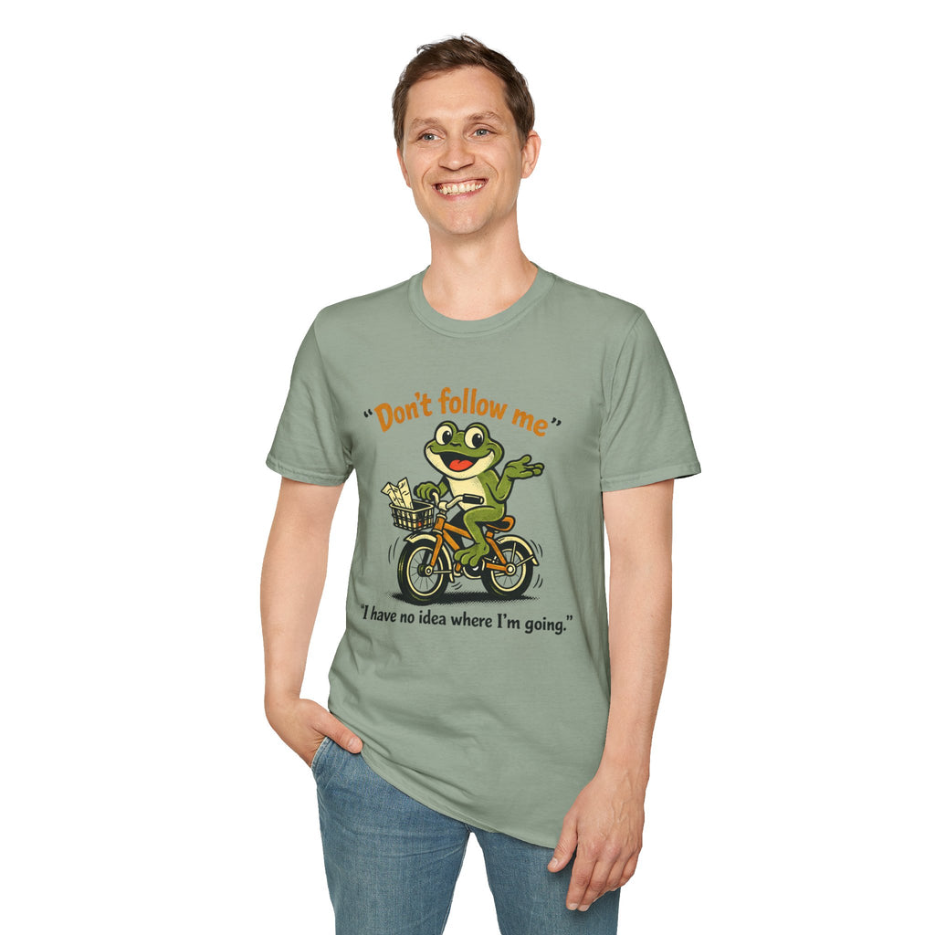 Frog on Bike T-Shirt — “Don't follow me, I have no idea where I'm going” Graphic Tee
