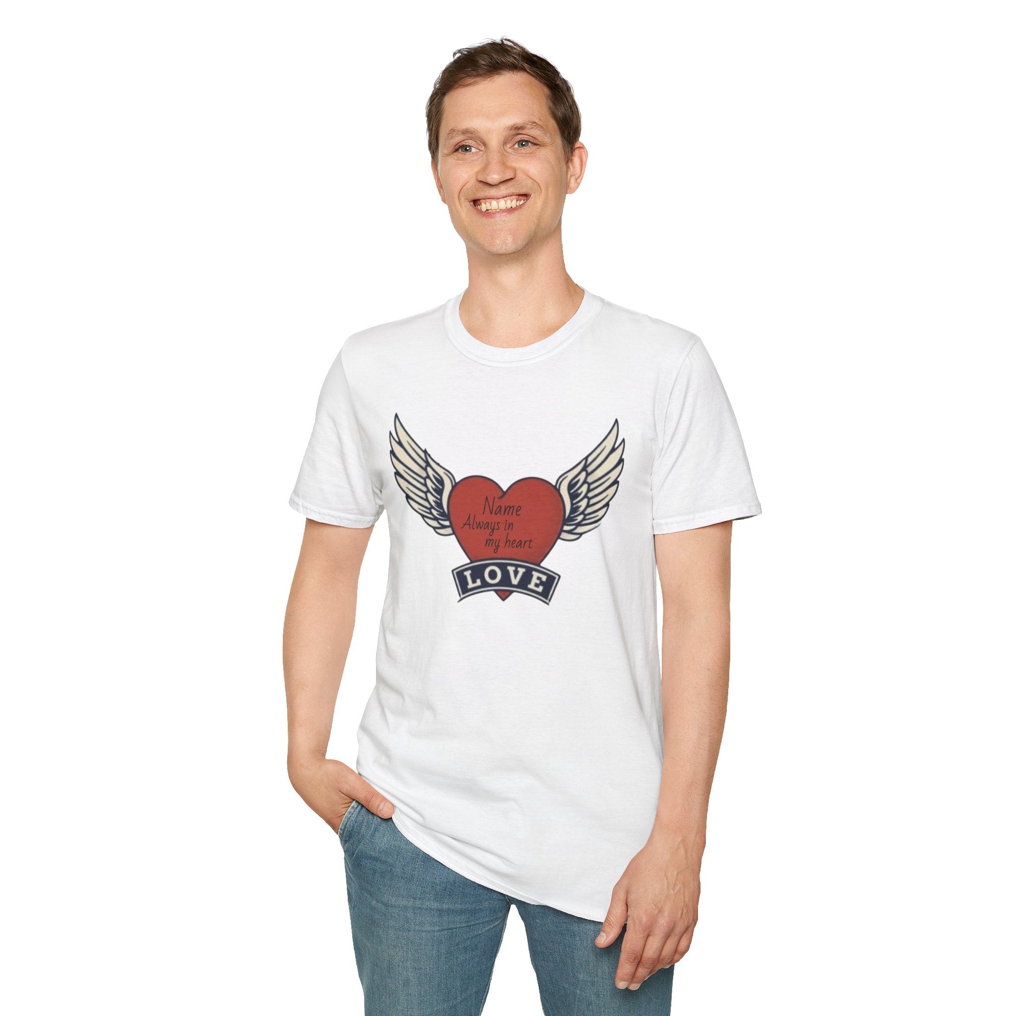 Memorial Heart Wings T-Shirt — Personalized 'Love, Remember' with Name & Date