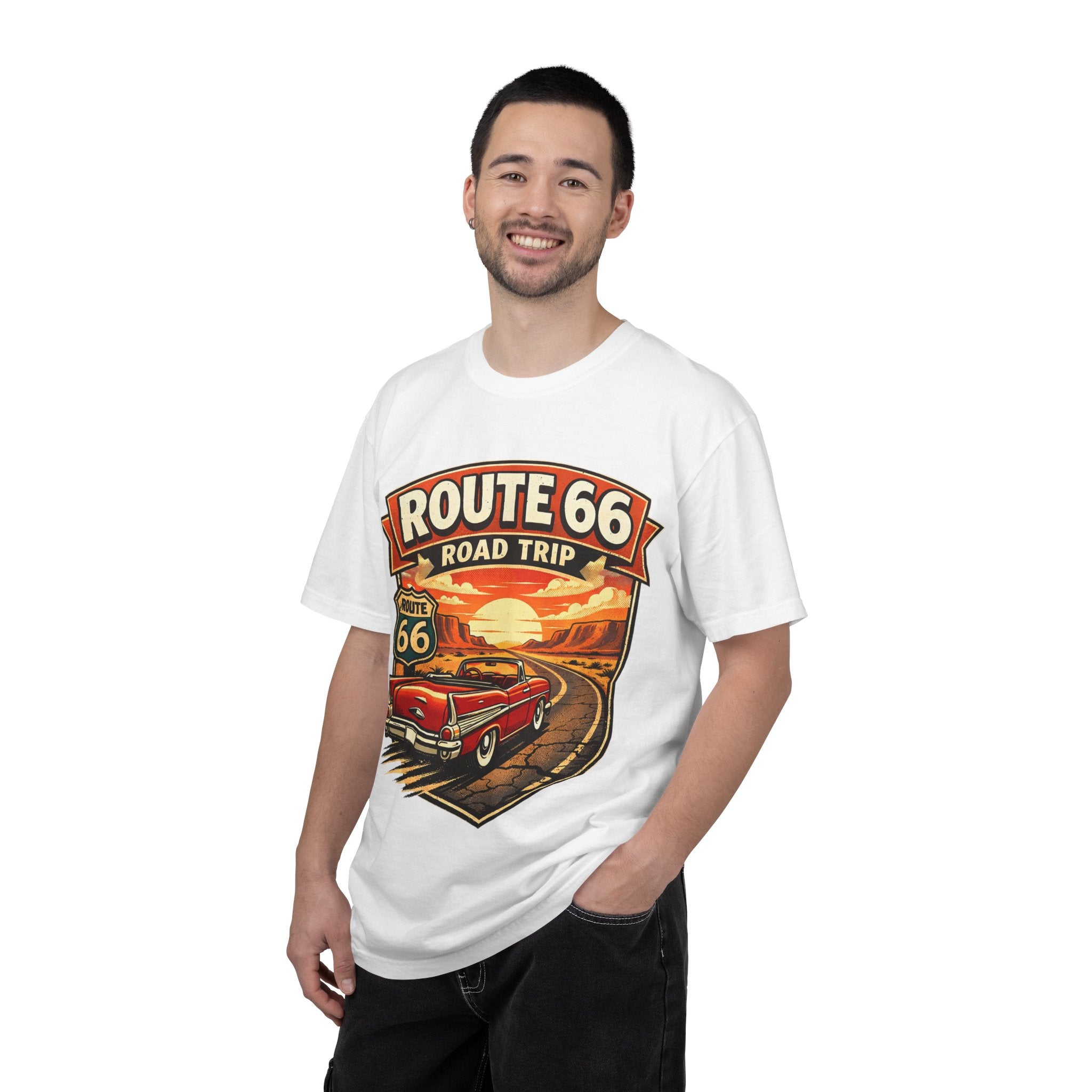Route 66 Road Trip T-Shirt — Vintage Sunset Classic Car Tee