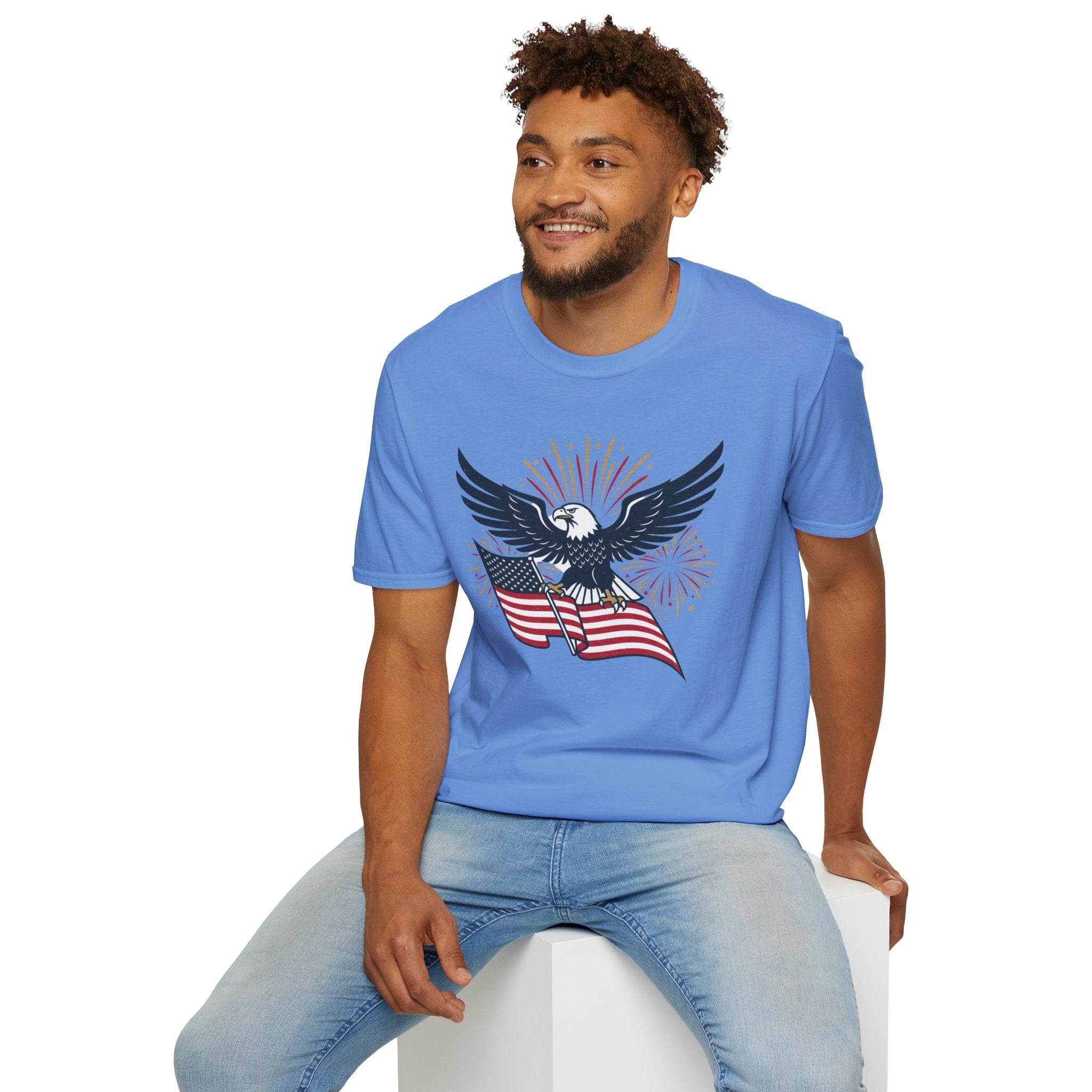 Patriotic Eagle T-Shirt — American Flag & Fireworks Graphic