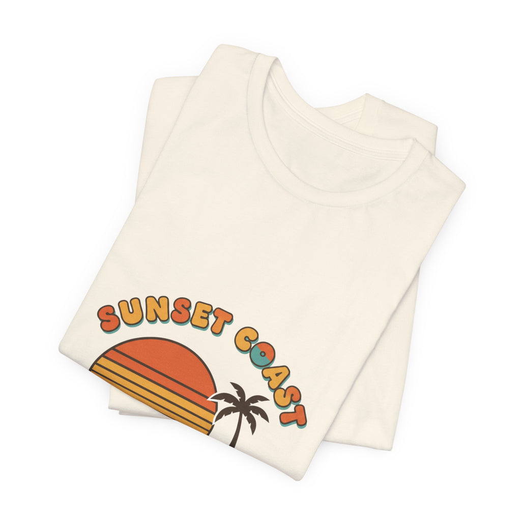 Sunset Coast Retro Surf Graphic Tee | 70s Sunset Shirt, Vintage Palm Postcard