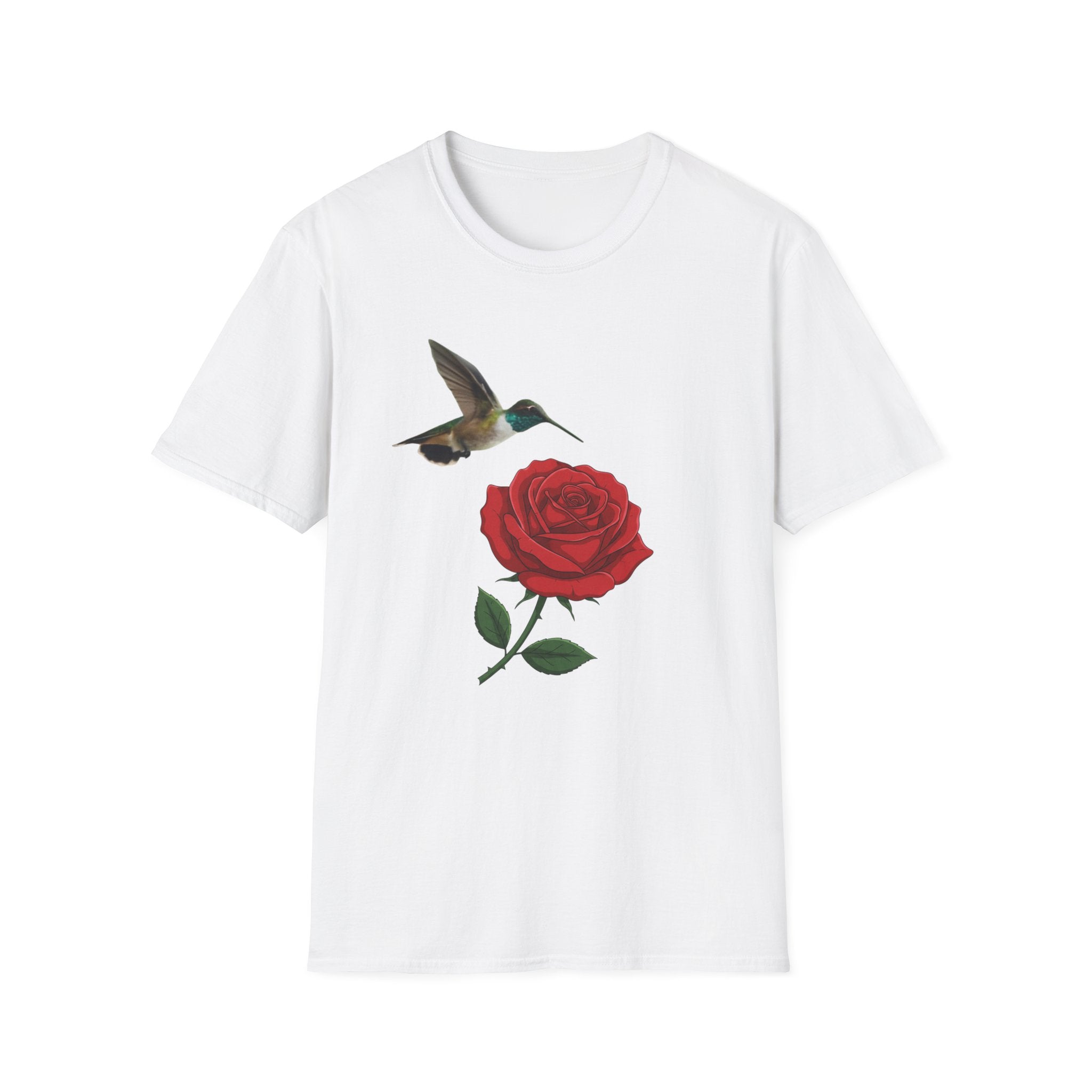 Hummingbird & Red Rose T‑Shirt — Floral Nature Tee #2