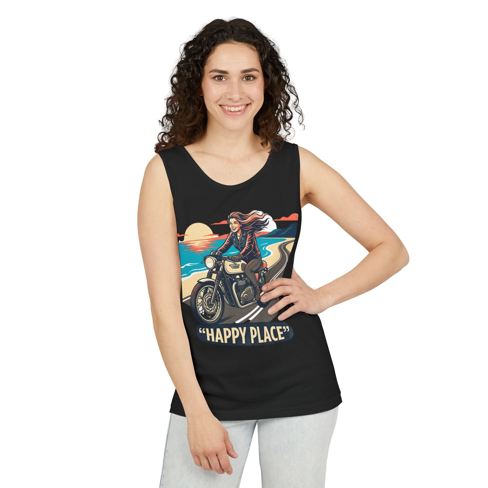 Motorcycle Tank Top — "Happy Place" Beach Ride Graphic Tank
