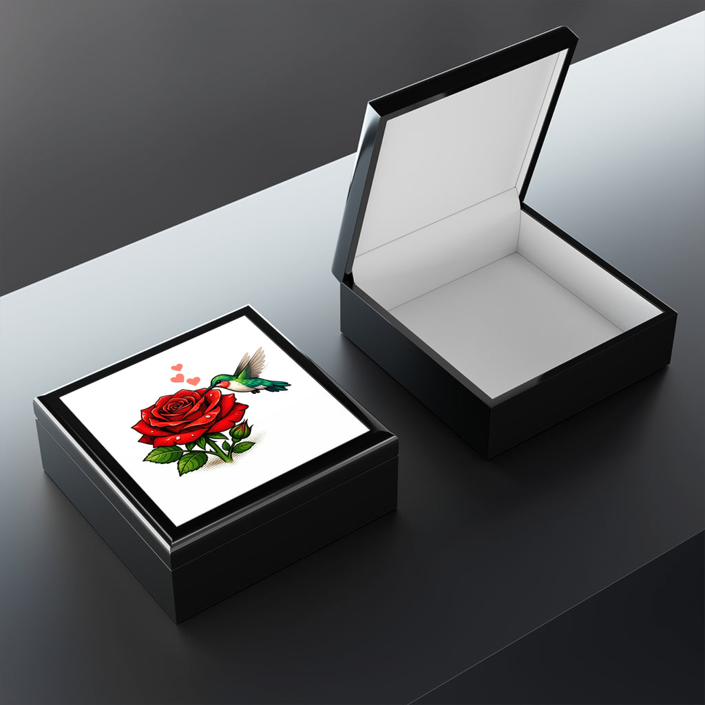 Hummingbird & Red Rose Jewelry Box — Floral Keepsake Box for Gifts
