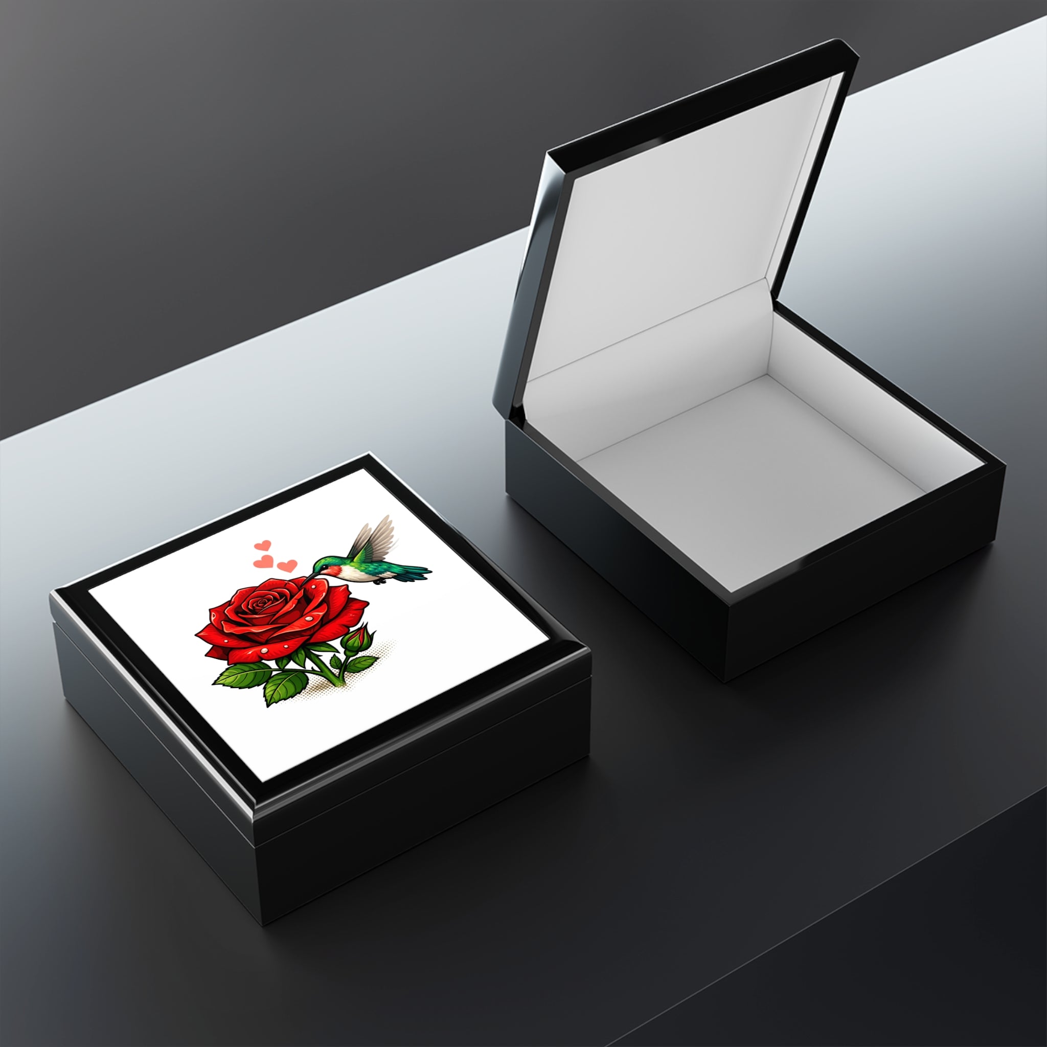 Hummingbird & Red Rose Jewelry Box — Floral Keepsake Box for Gifts