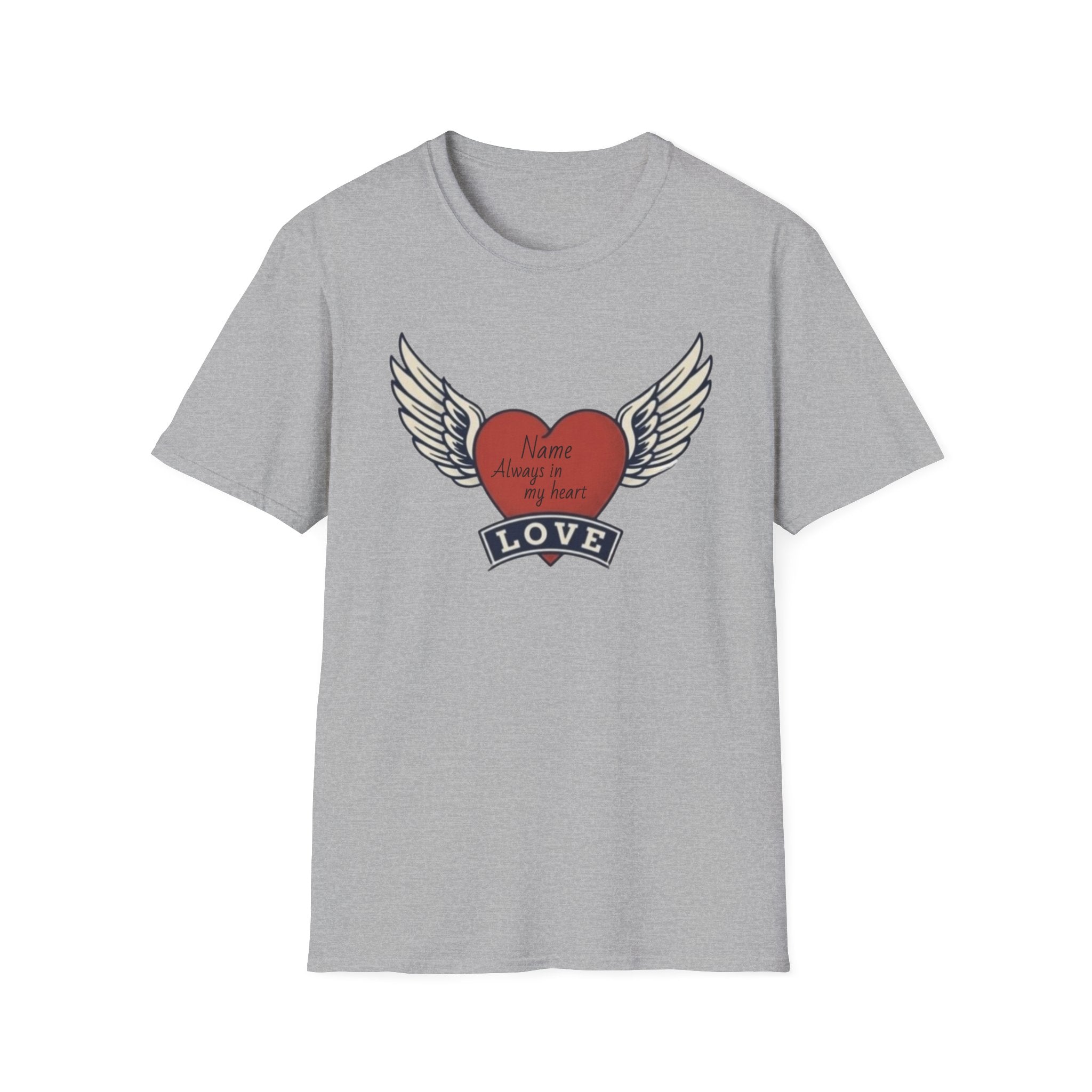 Memorial Heart Wings T-Shirt — Personalized 'Love, Remember' with Name & Date