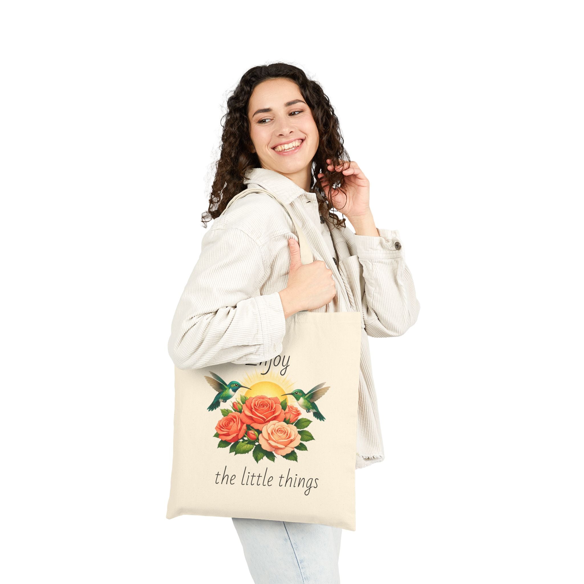 Floral 'Enjoy' Canvas Tote Bag — Vintage Rose and hummingbird Market Tote