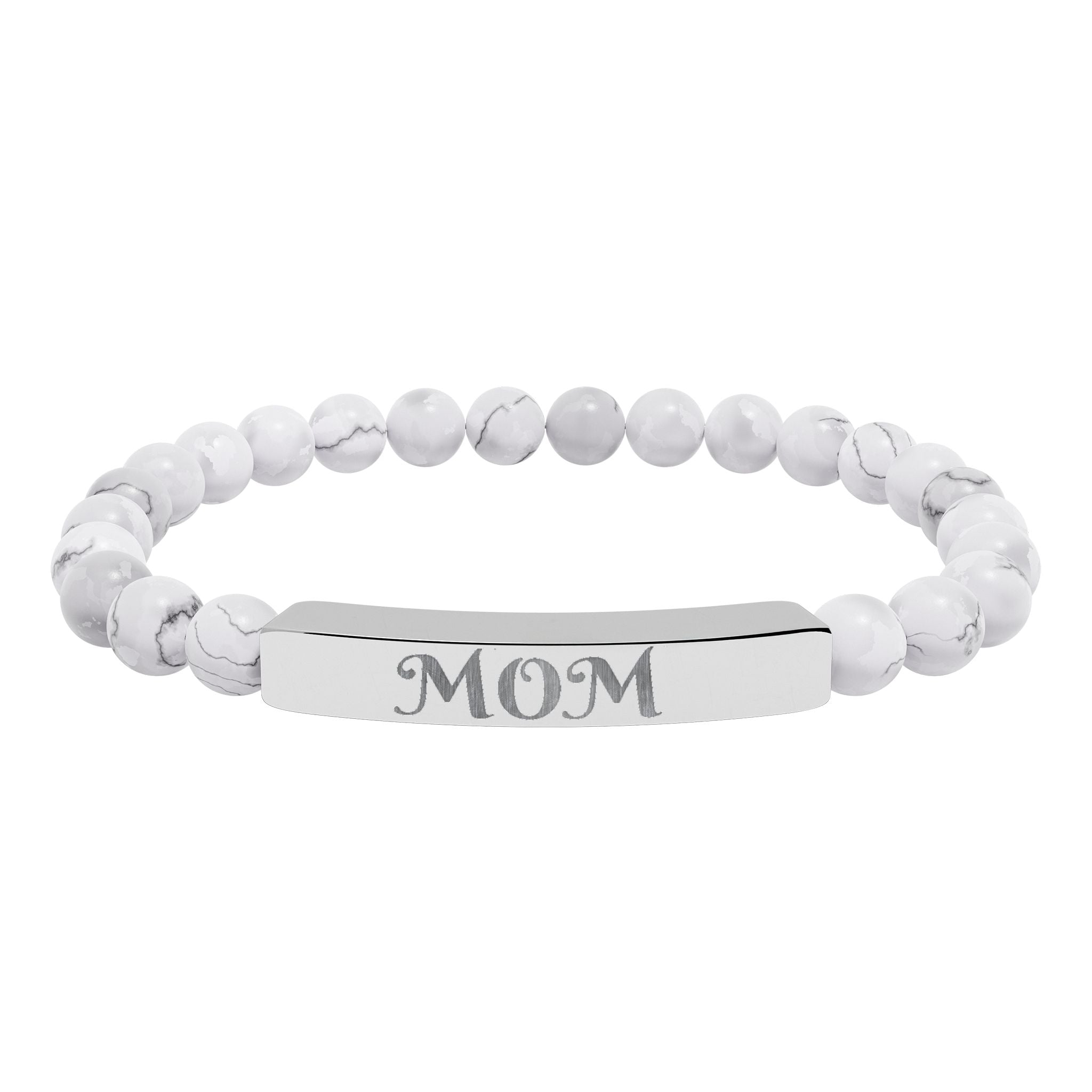 Engraved 'MOM' Natural Stone Stretch Bracelet — Personalized Bar Bead Bracelet