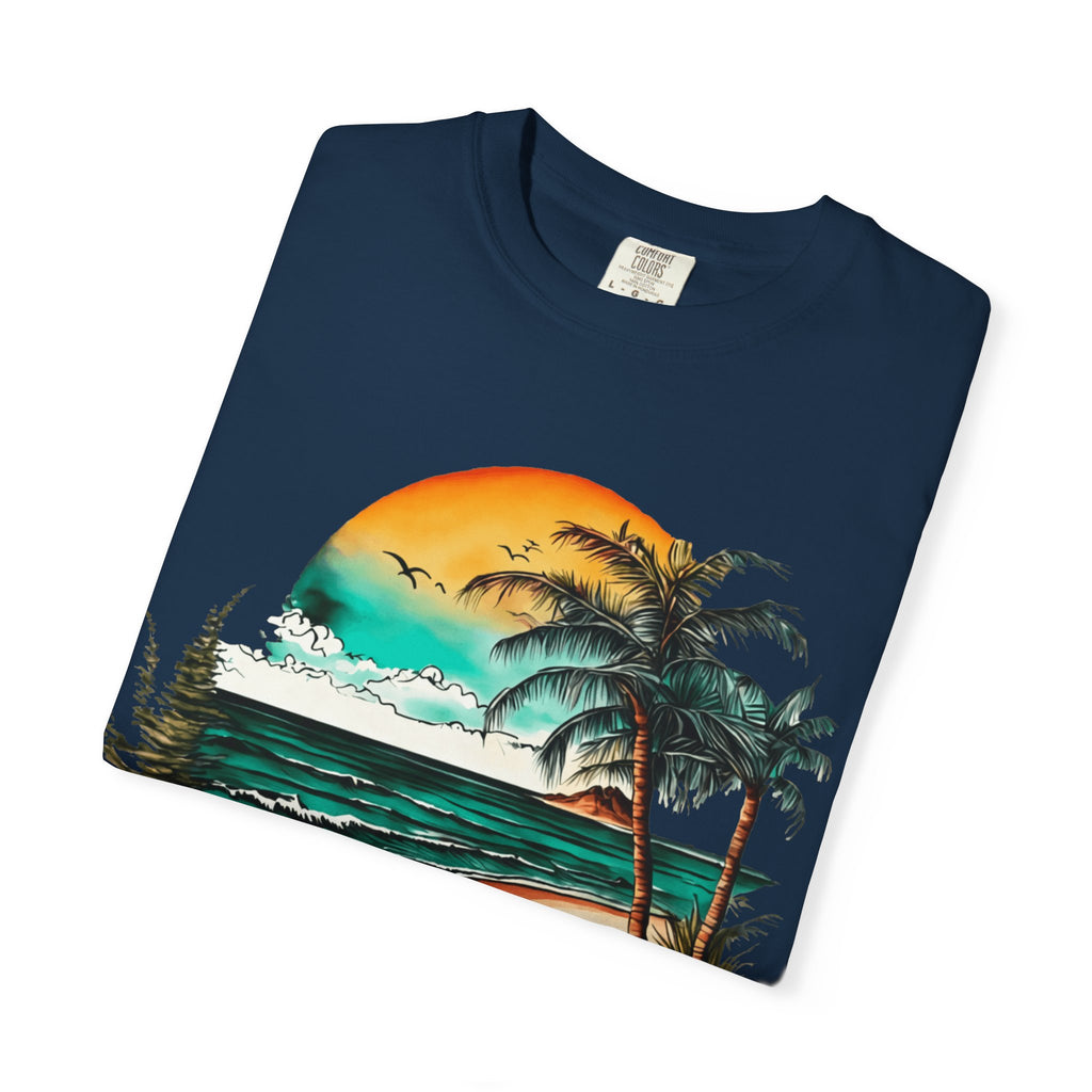 Beach Sunset T-Shirt — Vintage Tropical Palm Surf Graphic