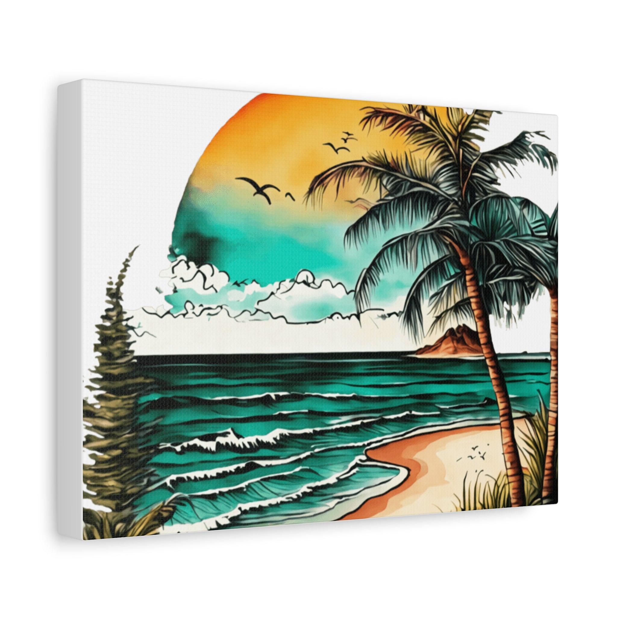 Tropical Beach Canvas Print — Sunset Palm Seascape Wall Art