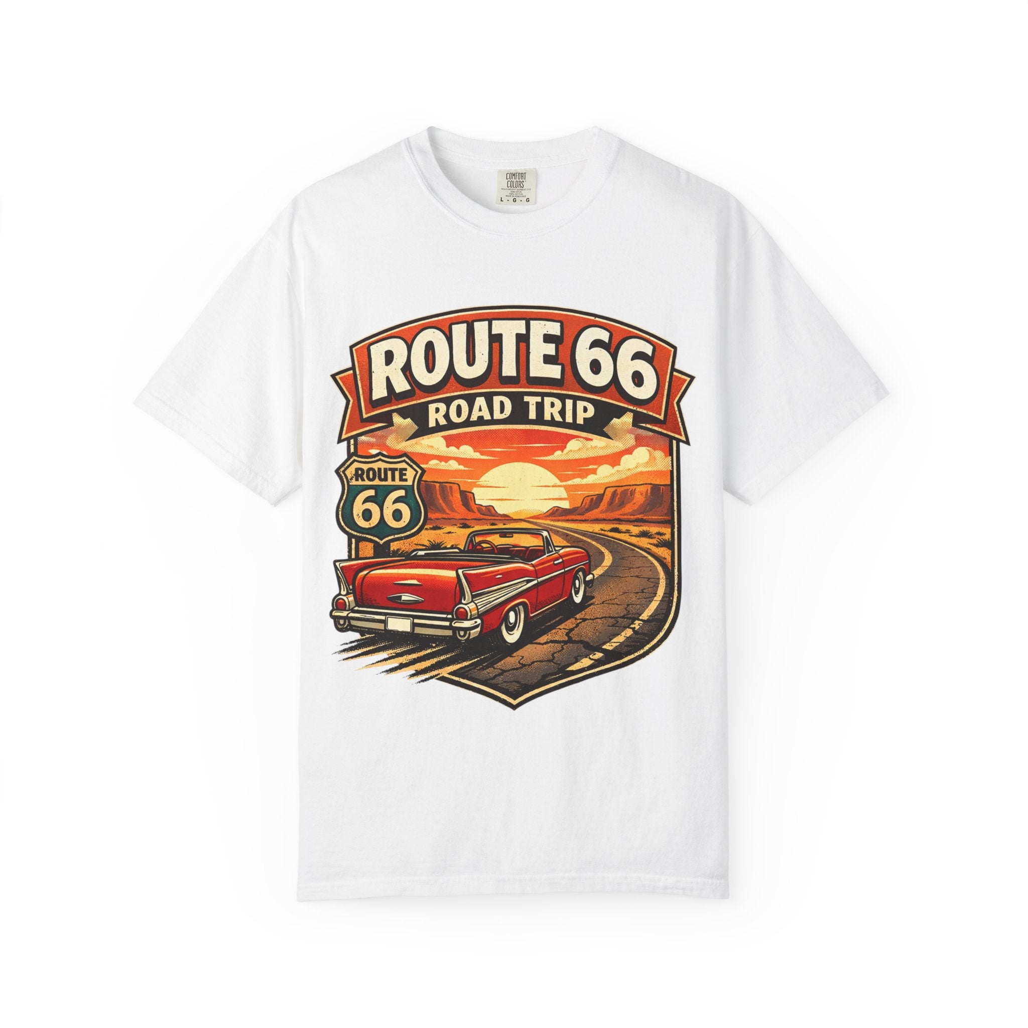 Route 66 Road Trip T-Shirt — Vintage Sunset Classic Car Tee