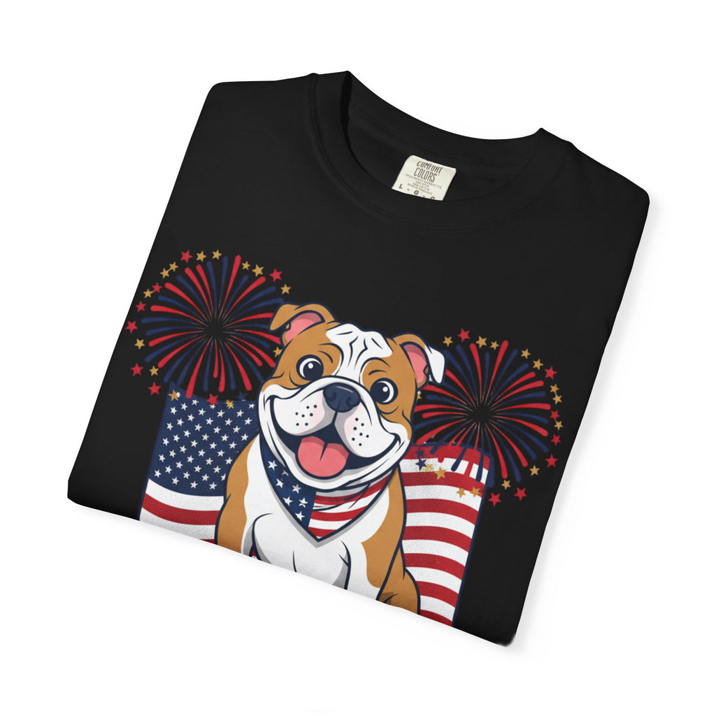 Patriotic Bulldog T-Shirt — “Happy 250th Birthday” American Flag Fireworks Tee