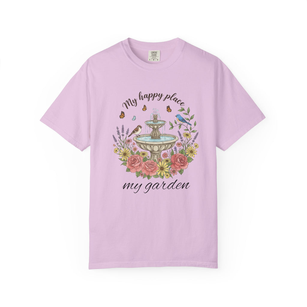 Garden T-Shirt — “My Happy Place My Garden” Floral Fountain Tee
