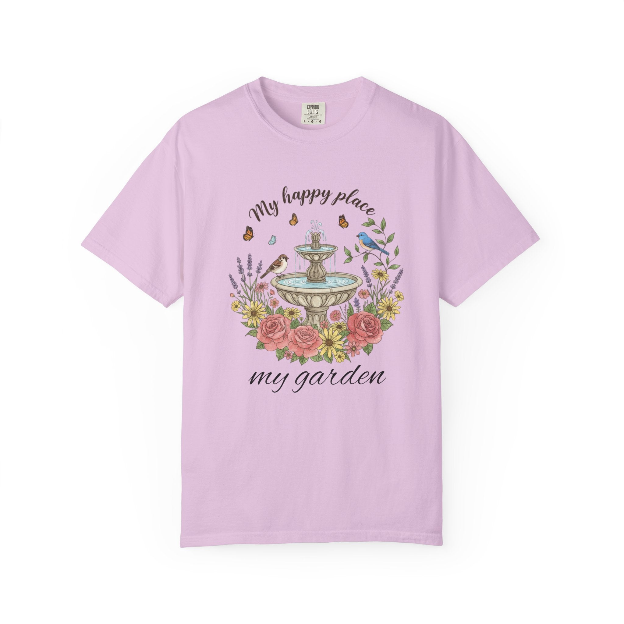 Garden T-Shirt — “My Happy Place My Garden” Floral Fountain Tee
