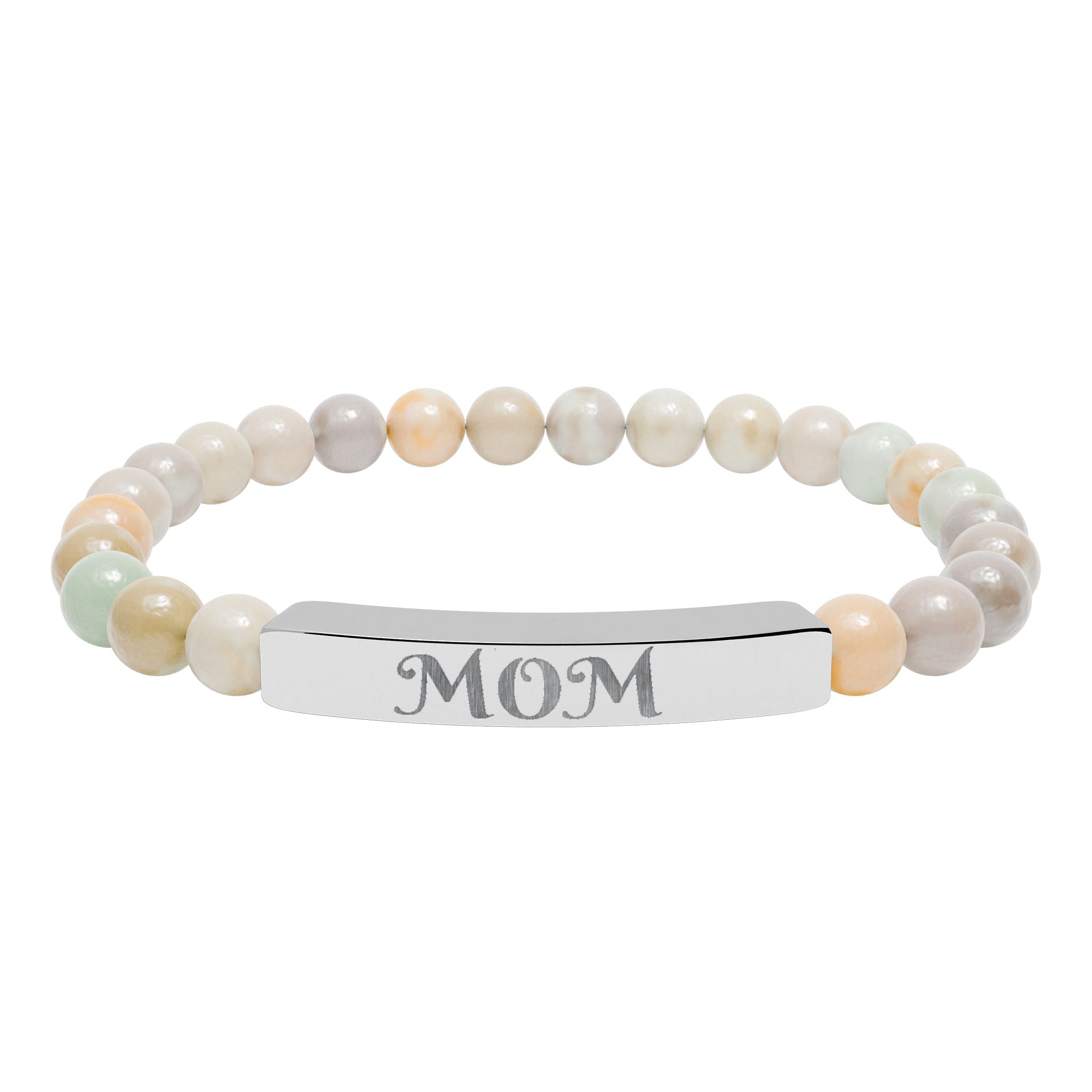 Engraved 'MOM' Natural Stone Stretch Bracelet — Personalized Bar Bead Bracelet