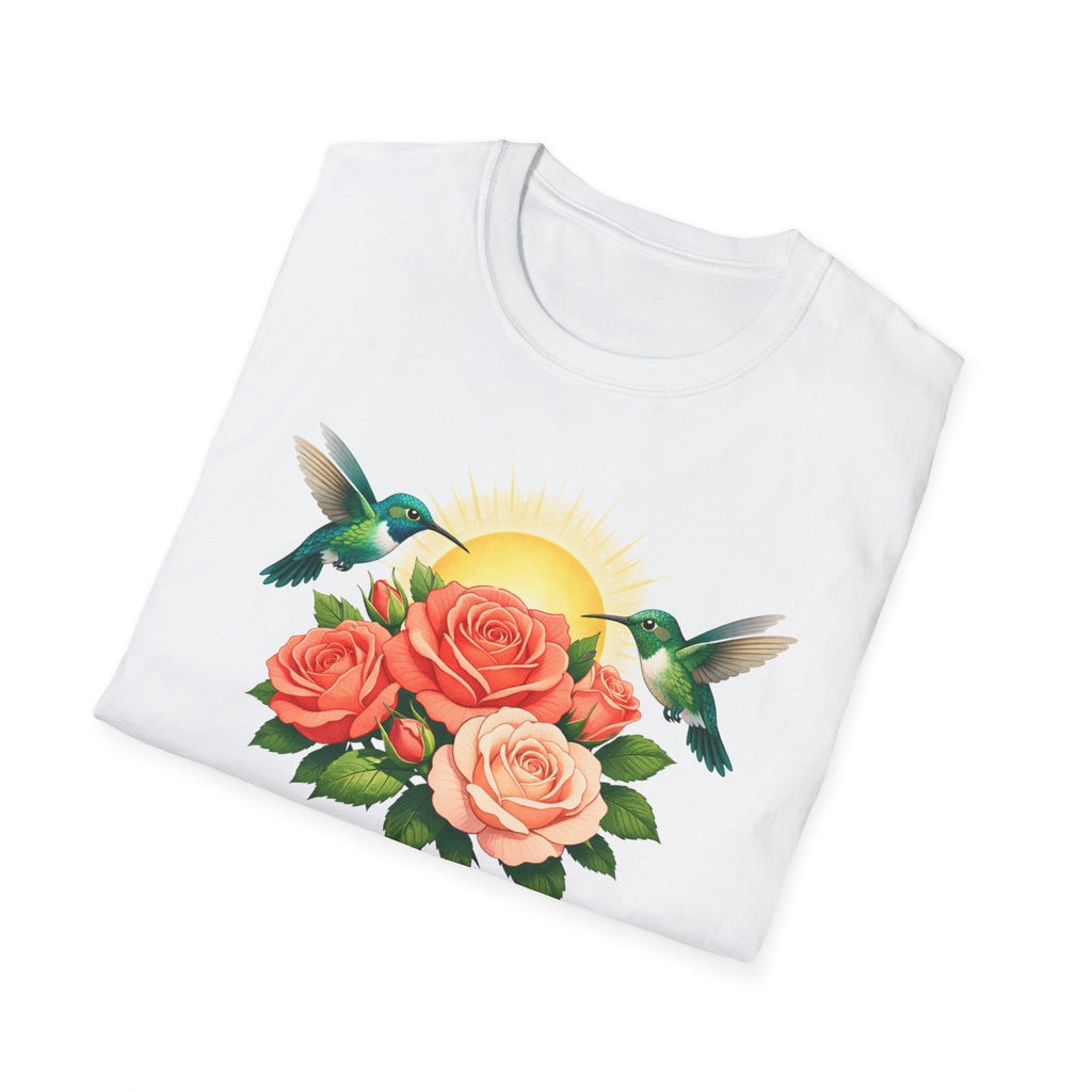 Floral Sunrise T-Shirt — Hummingbirds & Roses Graphic Tee