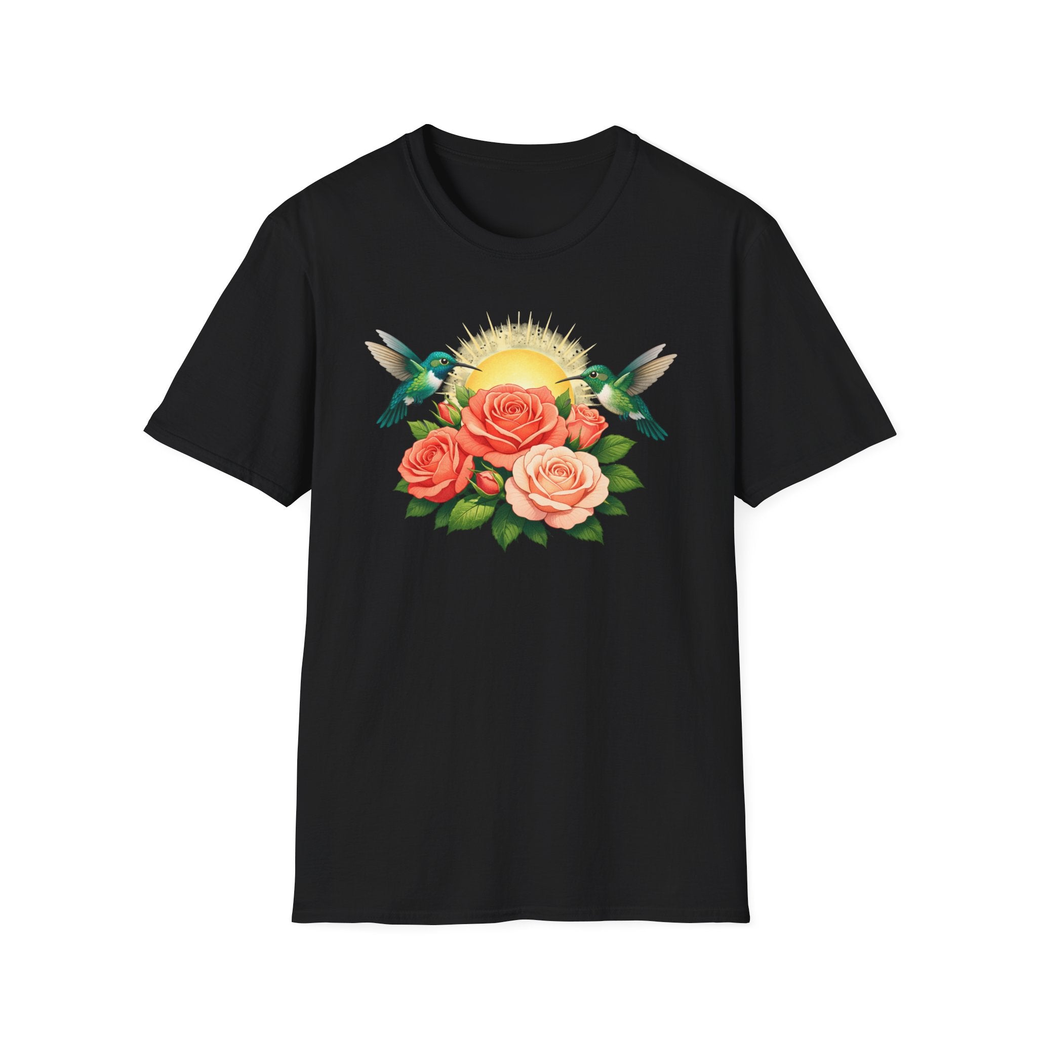 Floral Sunrise T-Shirt — Hummingbirds & Roses Graphic Tee