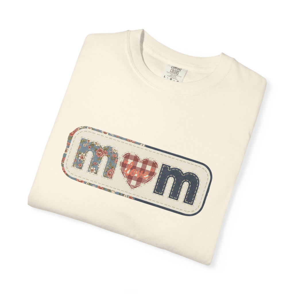 Mom  Faux Patch T-Shirt —Faux Plaid Heart Vintage Mom Tee