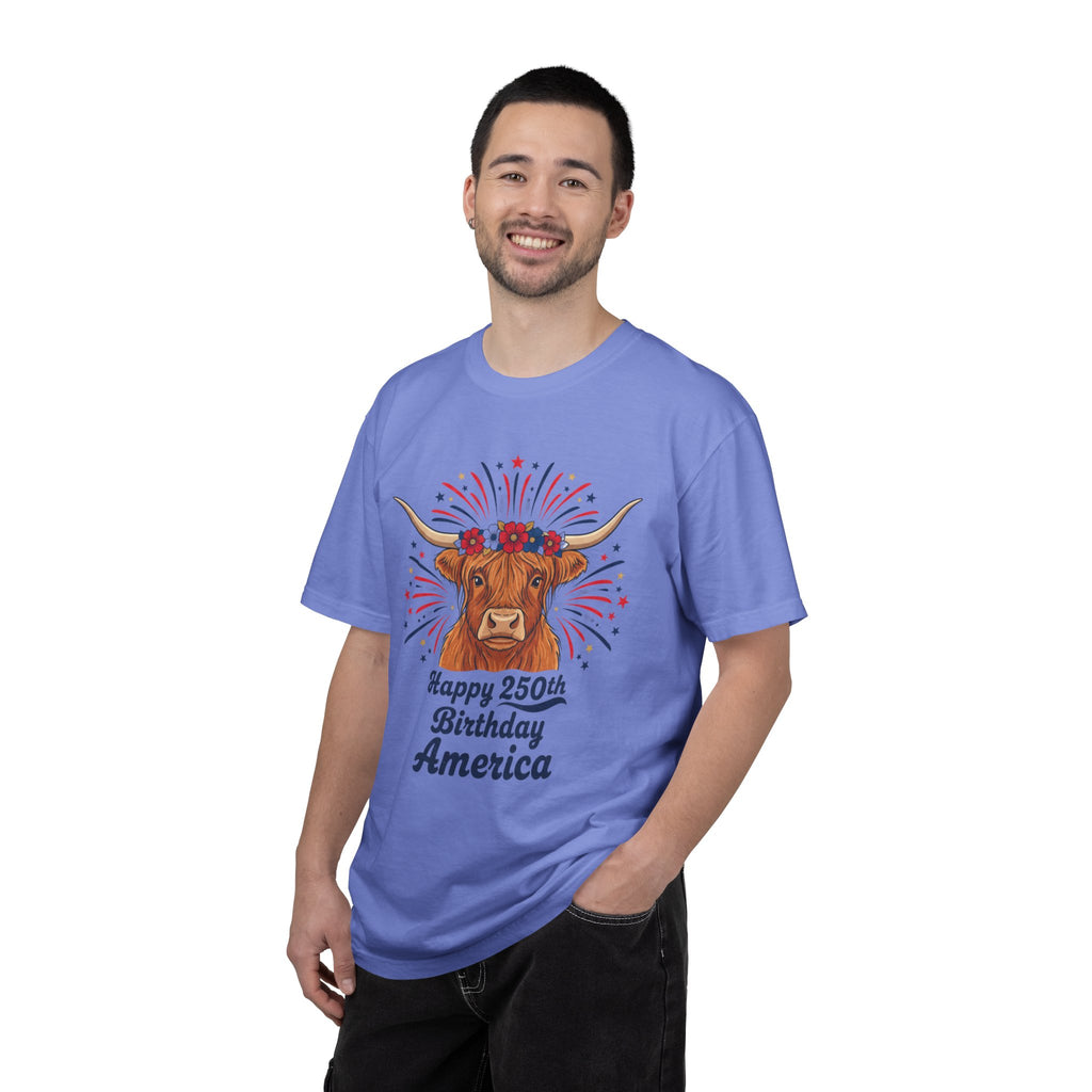 250th Birthday America T-Shirt — Patriotic Longhorn Cow Graphic Tee