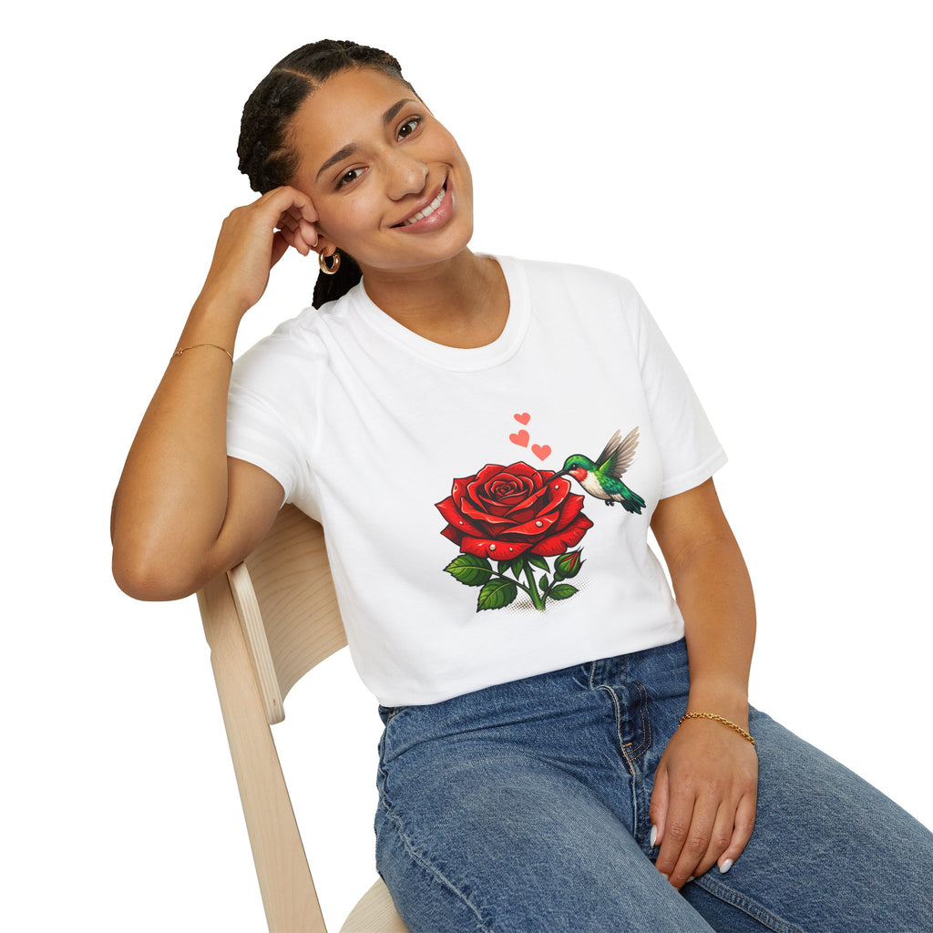 Hummingbird & Red Rose T-Shirt — Floral Bird Graphic Tee