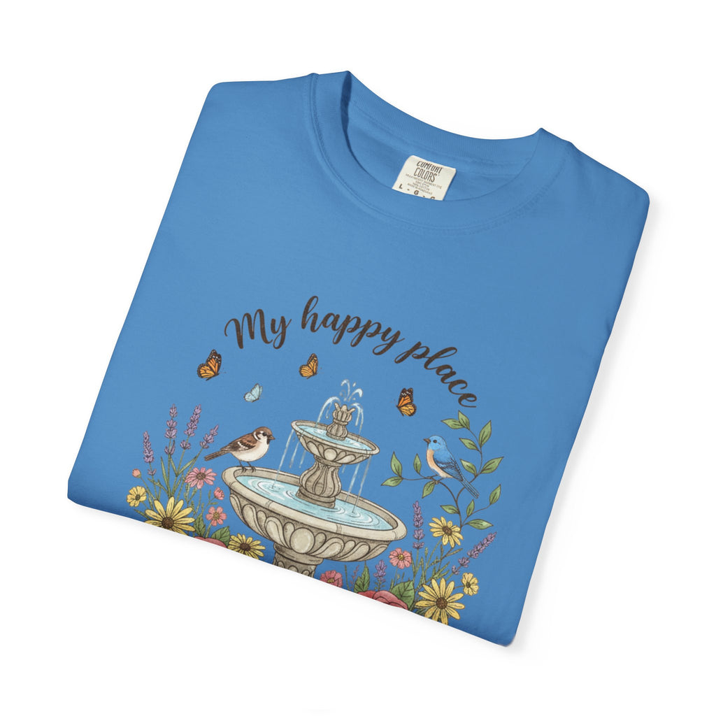 Garden T-Shirt — “My Happy Place My Garden” Floral Fountain Tee