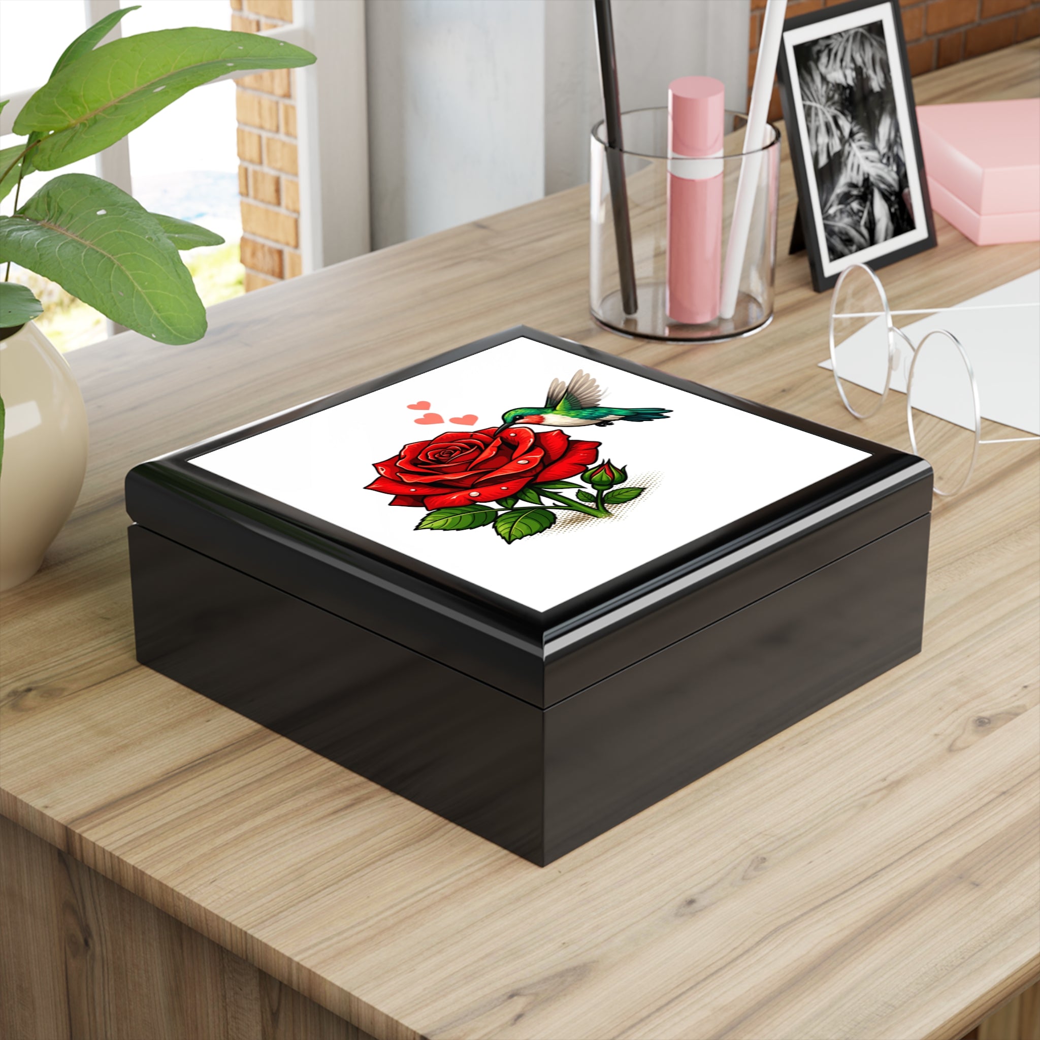 Hummingbird & Red Rose Jewelry Box — Floral Keepsake Box for Gifts